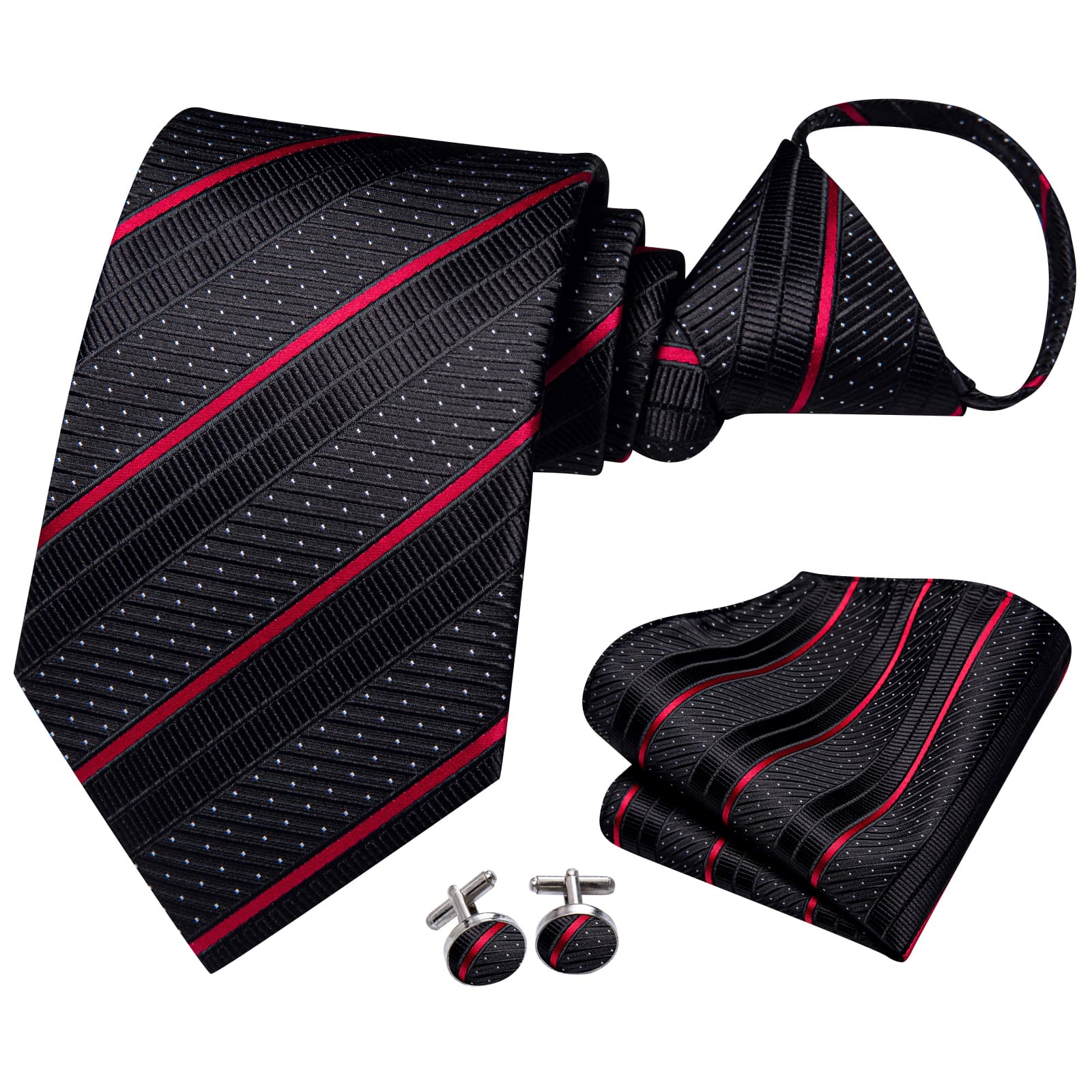 Black Tie White Dots Red Stripes Men's Novelty Pre-Tied Tie Set