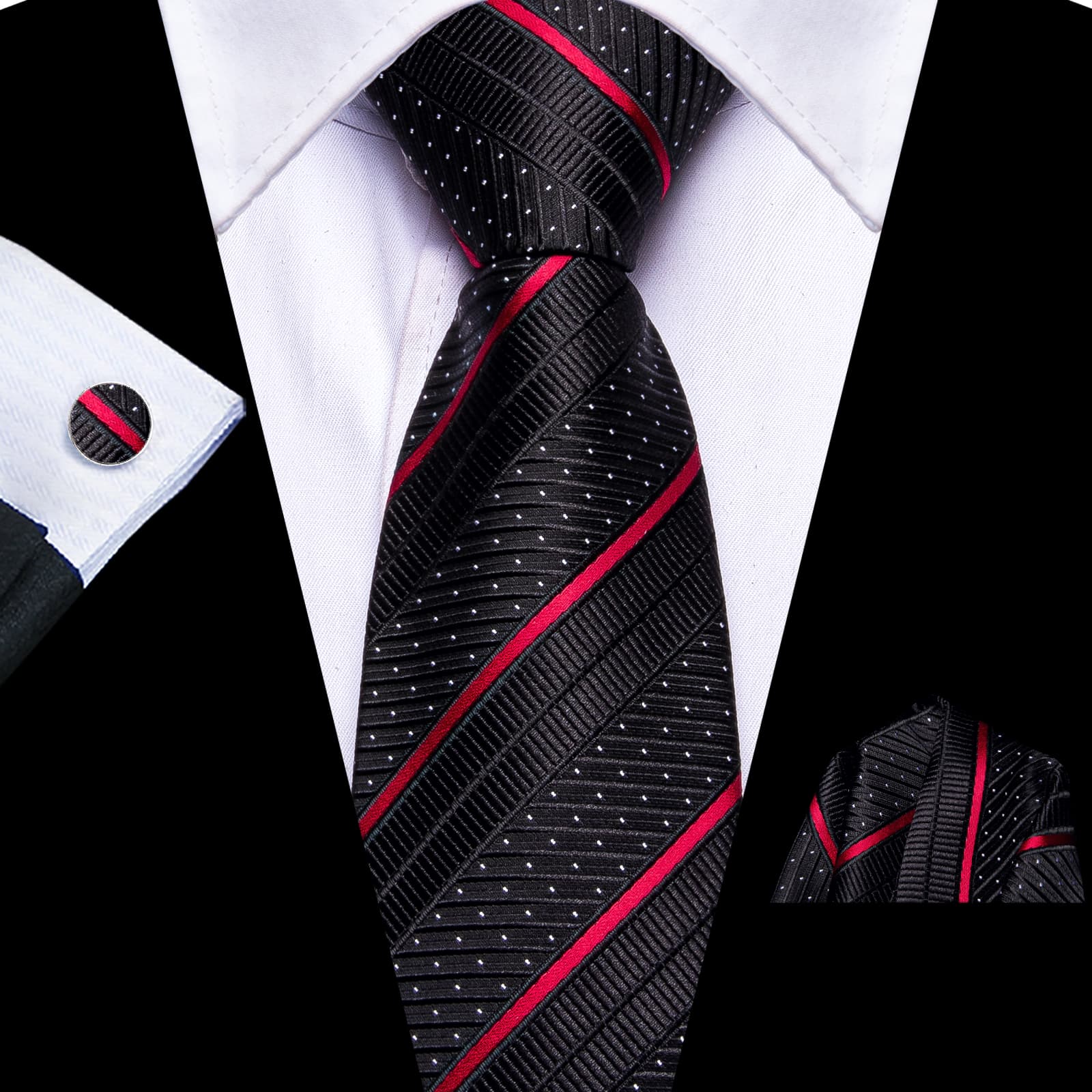 Black Tie White Dots Red Stripes Men's Novelty Pre-Tied Tie Set