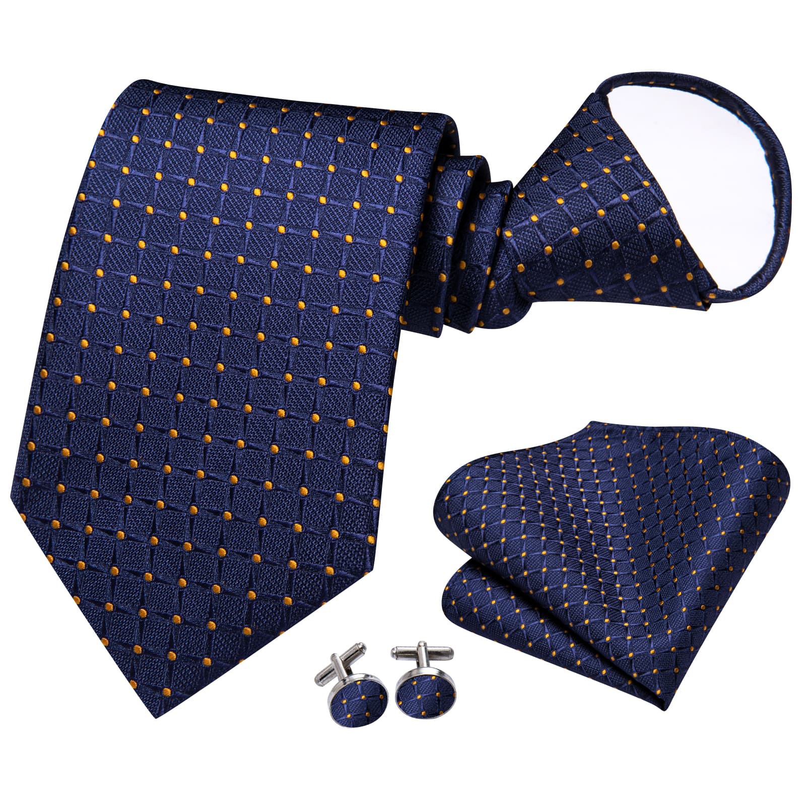Zipper Ties Oxford Blue Plaid Gold Dots Tie Hanky Cufflinks Set