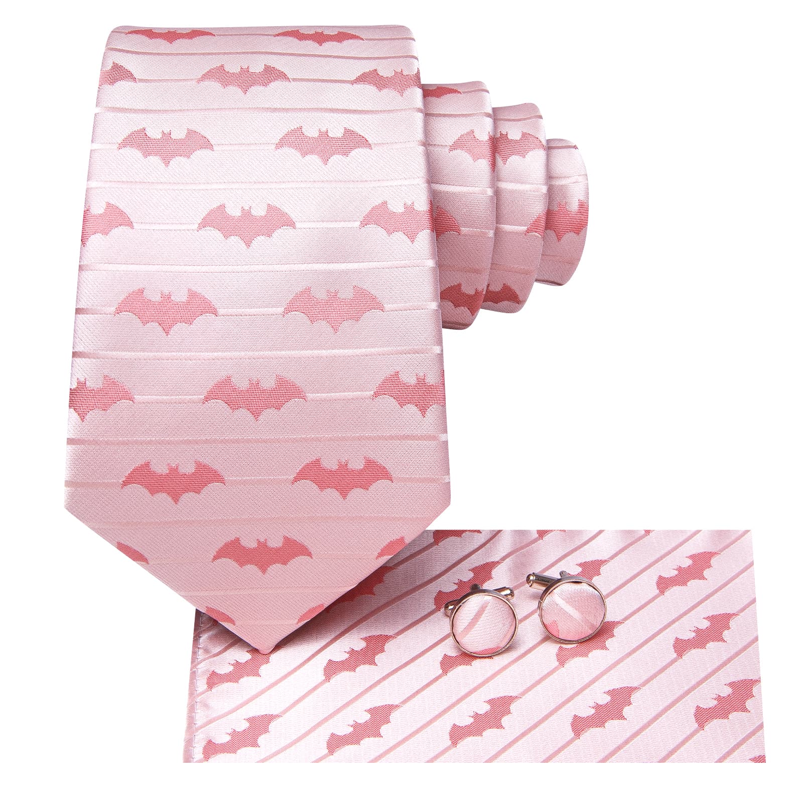 Pink Tie Jacquard Bat Novelty Mens Necktie Hanky Cufflinks Set