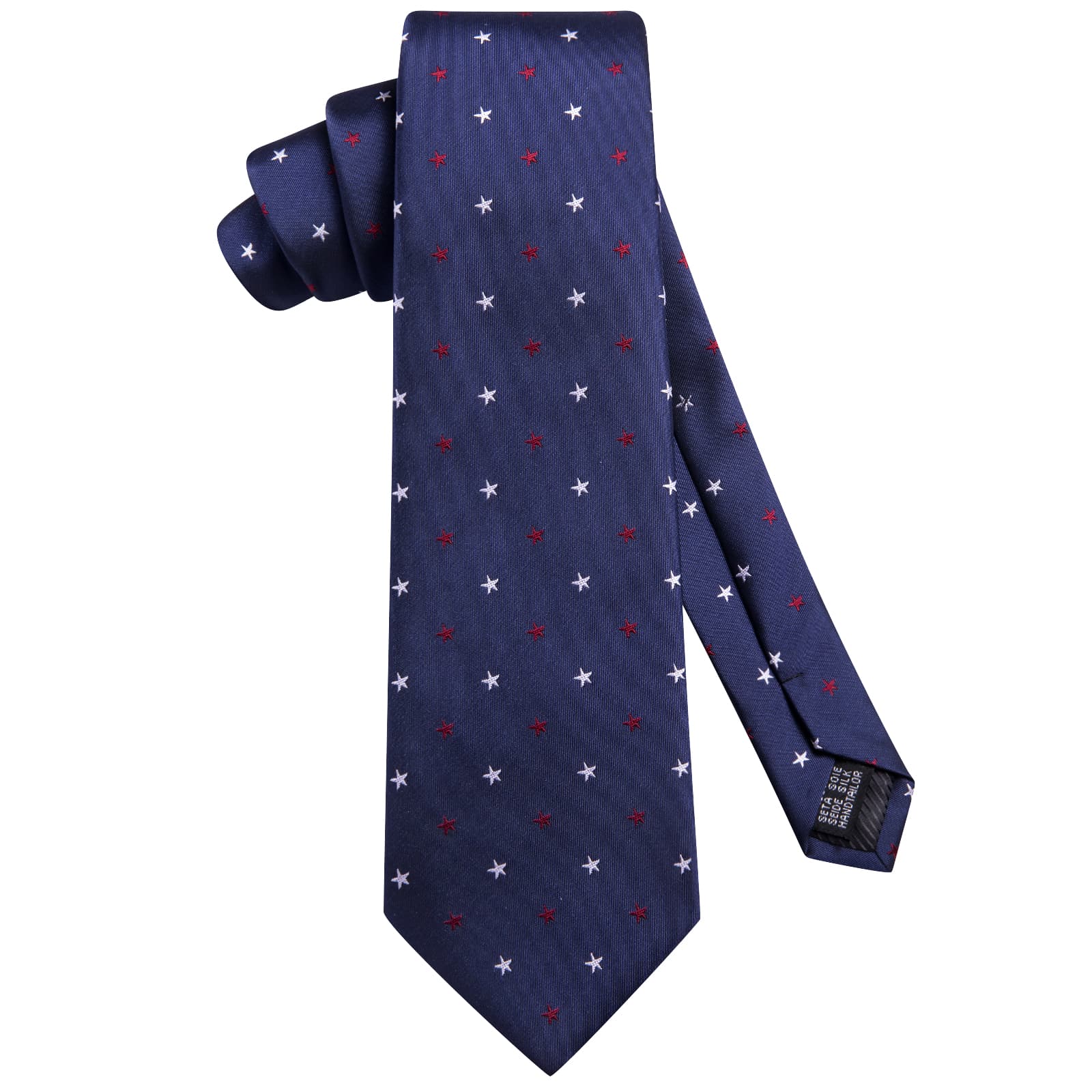 Navy Blue Tie Jacquard Red White Stars Novelty Mens Necktie Set