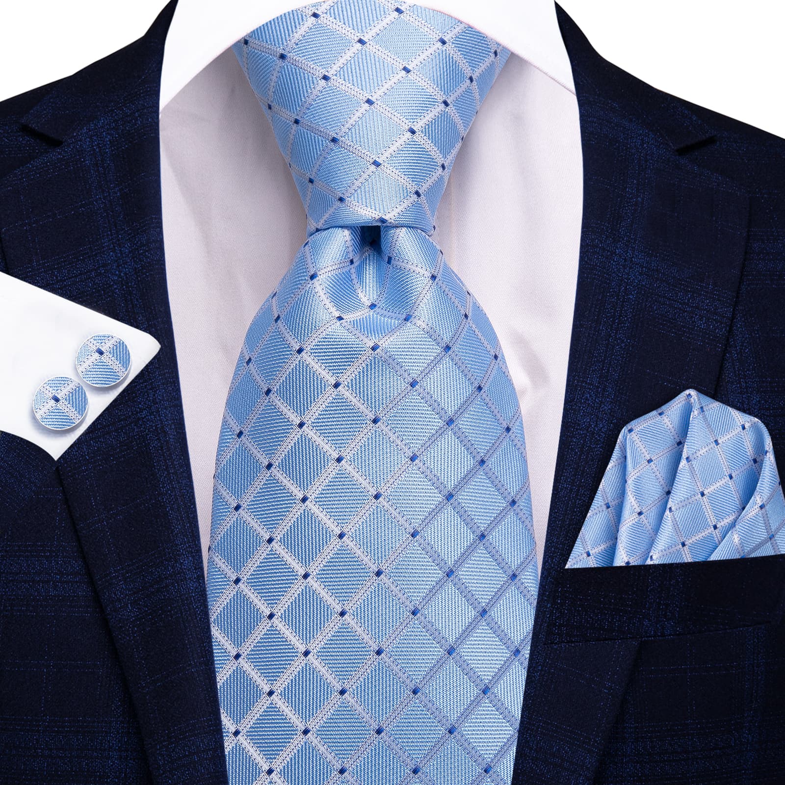 Light Blue Tie Checkered Blue Dots Necktie Hanky Cufflinks Set Dark Blue Plaid Suit