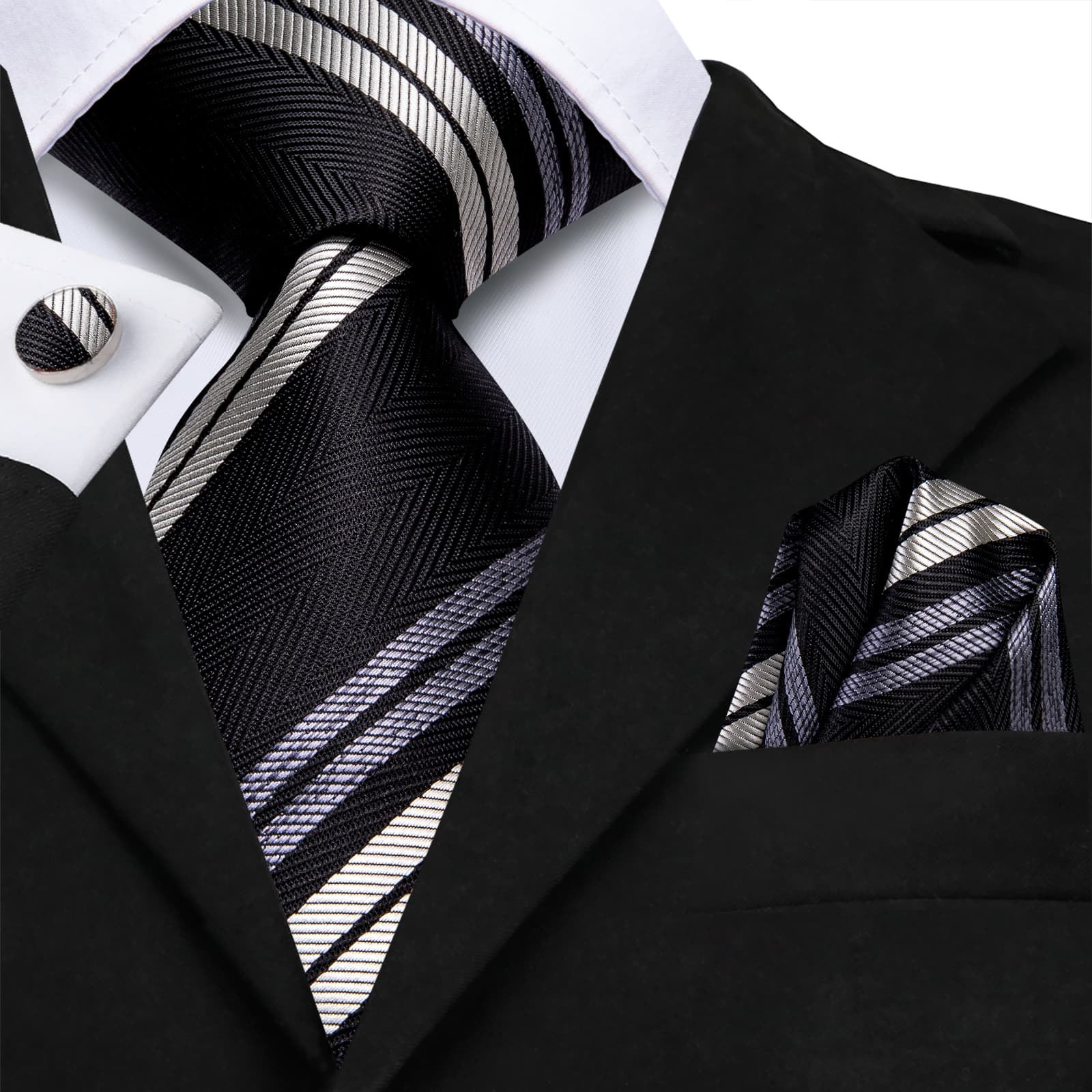 Black Necktie Grey White Striped Wedding Tie Hanky Cufflink Set