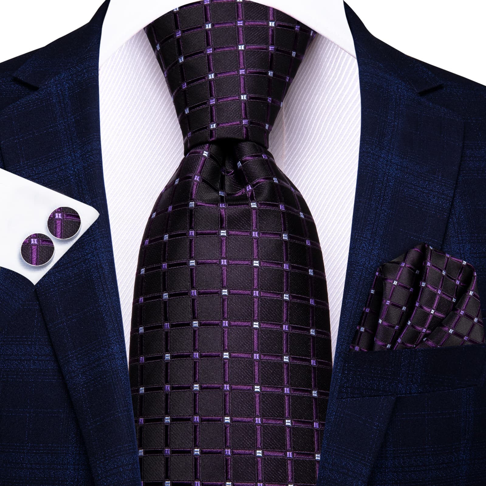 Black Men's Tie Indigo Purple Jacquard Checkered Necktie Set
