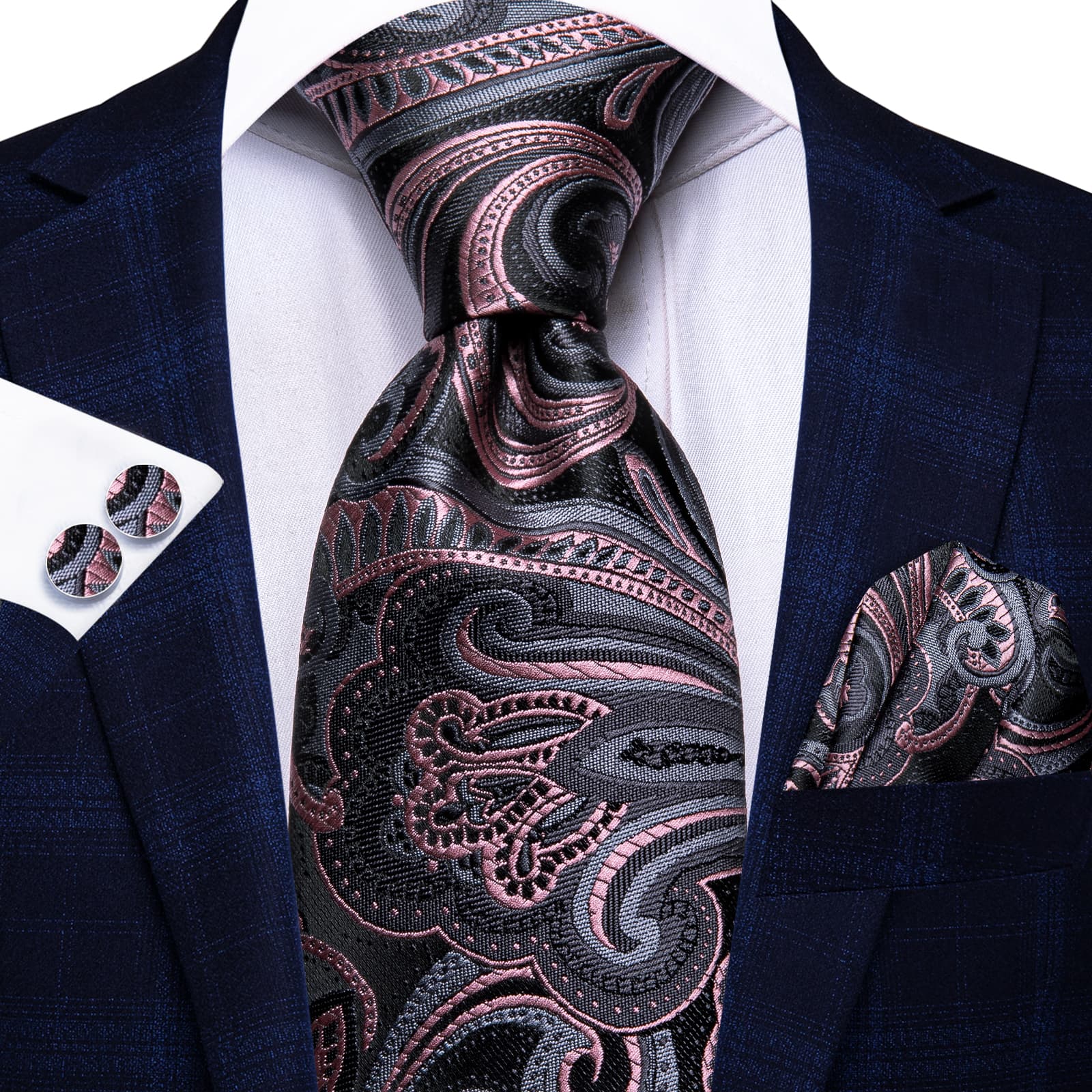 Men's Silk Bow Tie Cufflinks And Pocket Square Set In Black And Gold - Foto 4