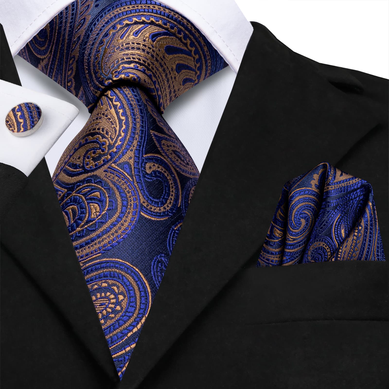 Navy Blue Necktie Brown Paisley Tie Pocket Square Cufflinks Set