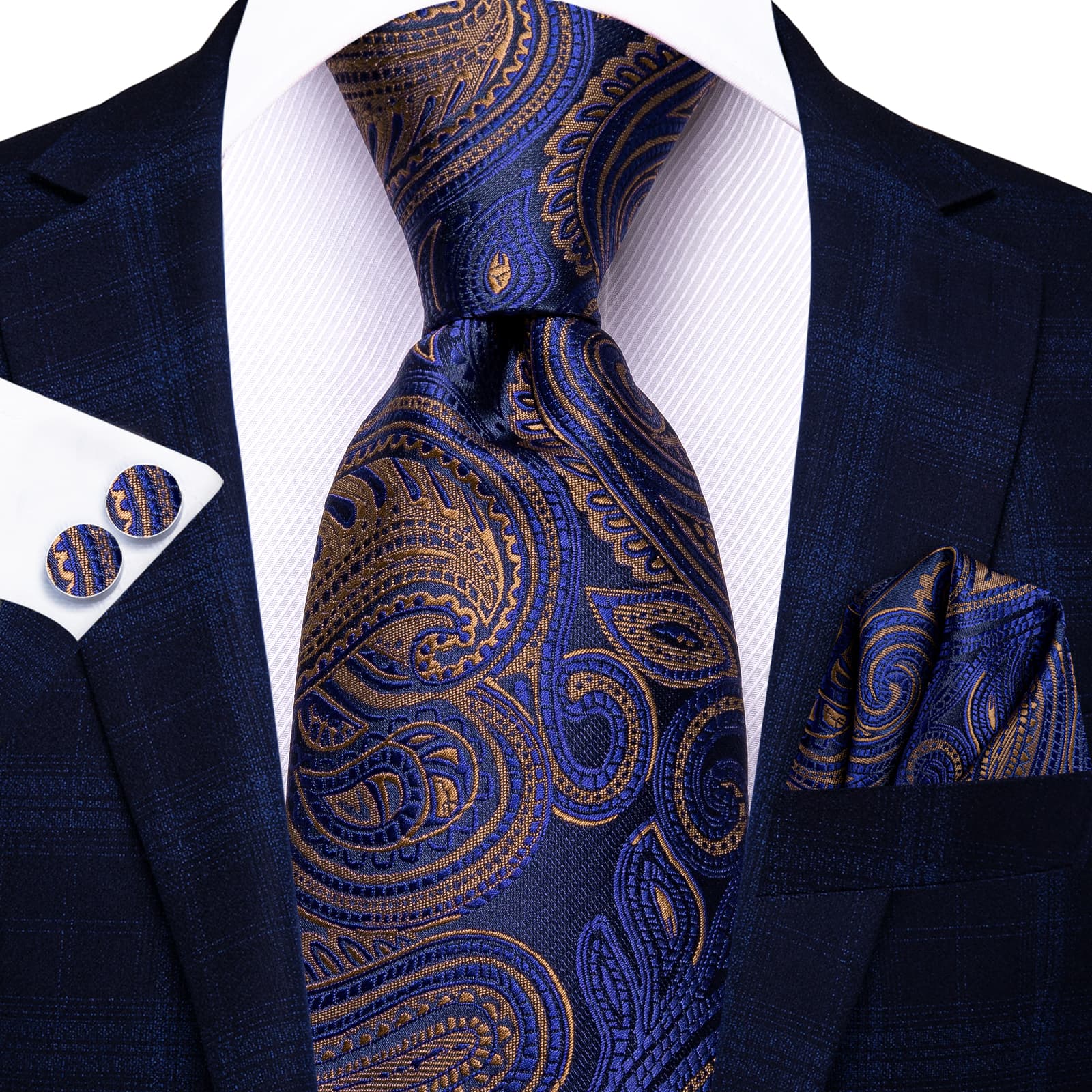 Navy Blue Necktie Brown Paisley Tie Pocket Square Cufflinks Set