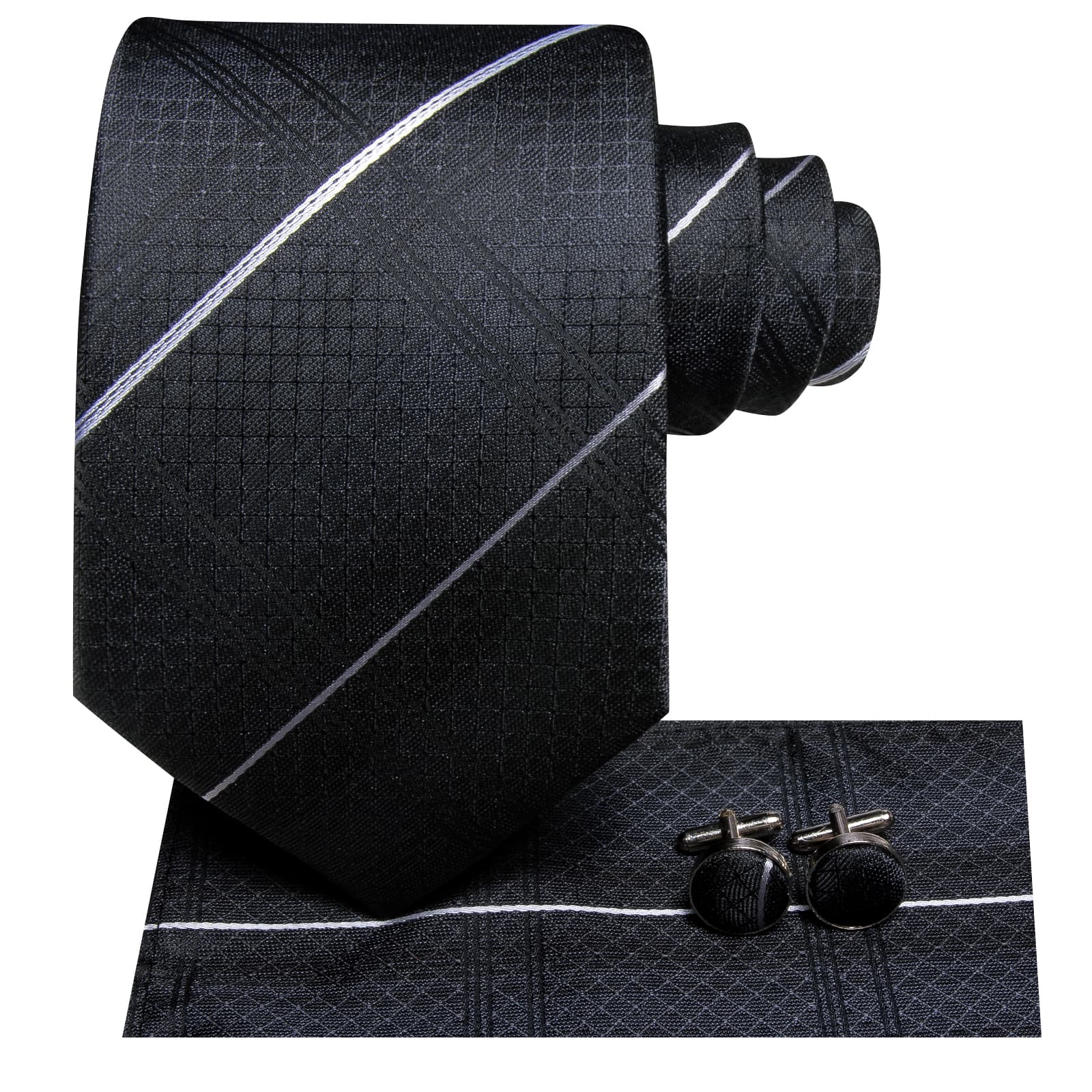 Men's Black Ties White Striped Tie Pocket Square Cufflinks Set