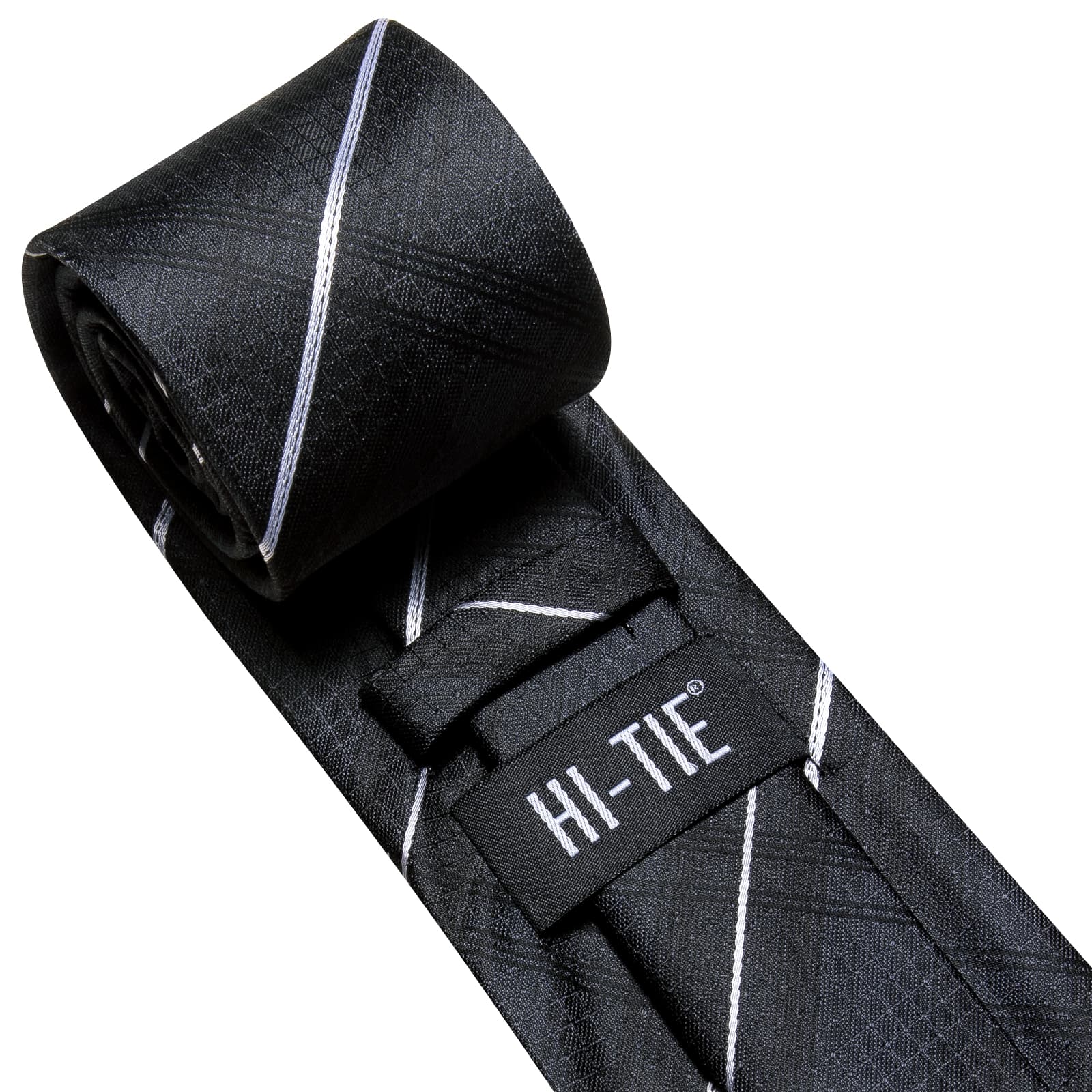 Men's Black Ties White Striped Tie Pocket Square Cufflinks Set