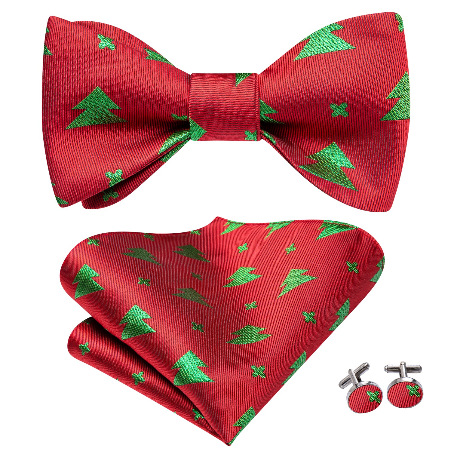 Red Green Christmas Tree Self-tied Bow Tie Hanky Cufflinks Set