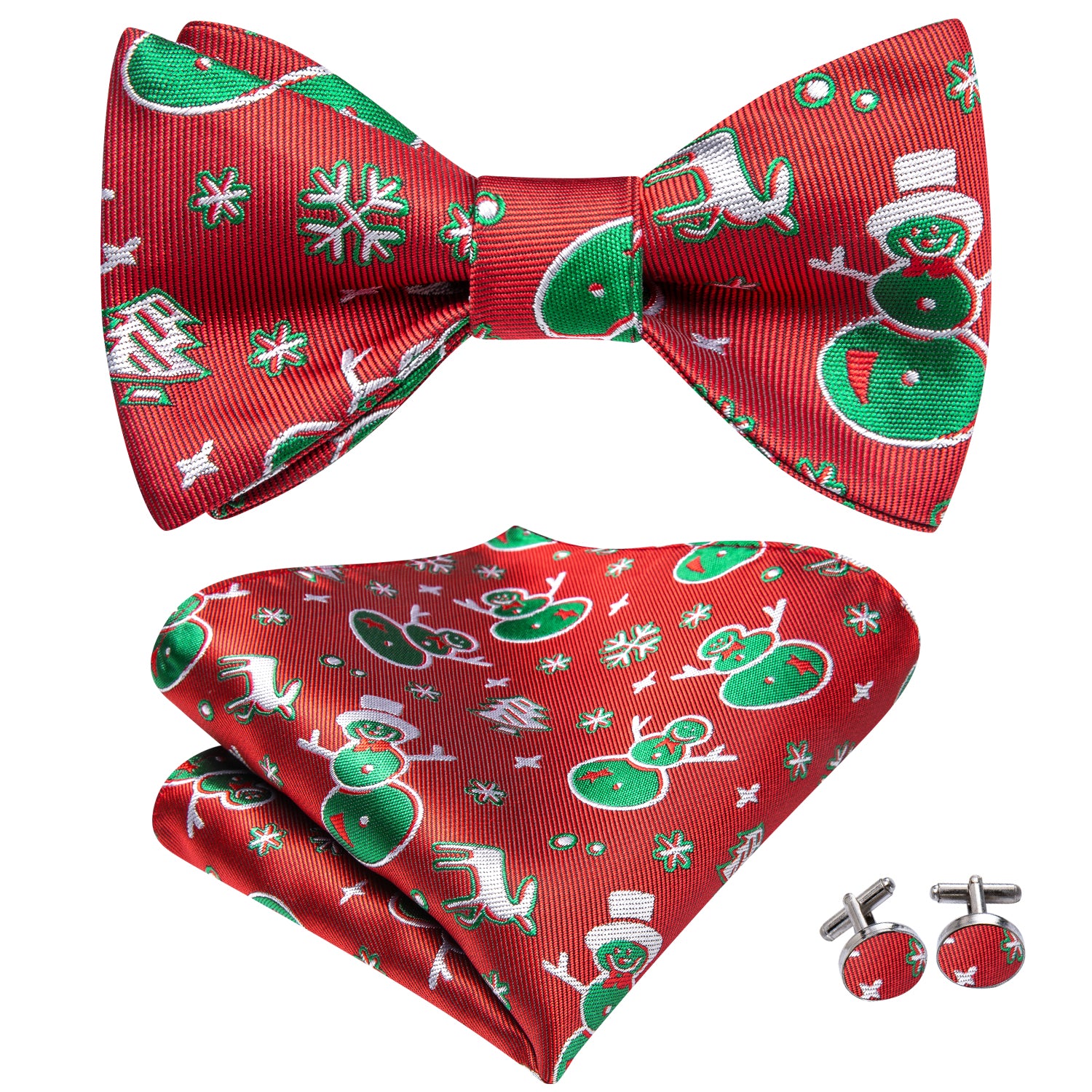 Red Green Christmas Snowmen Self-tied Bow Tie Hanky Cufflinks Set