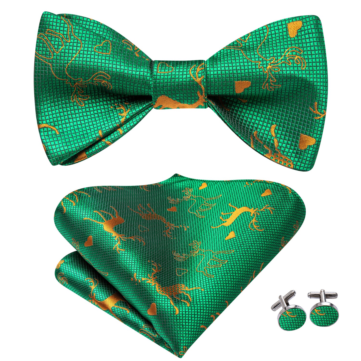 Green Gold Christmas Deer Self-tied Bow Tie Hanky Cufflinks Set