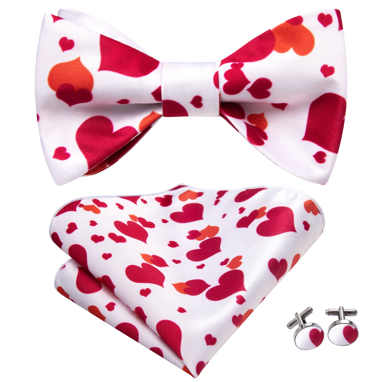 White Red Heart Self-tied Bow Tie Hanky Cufflinks Set