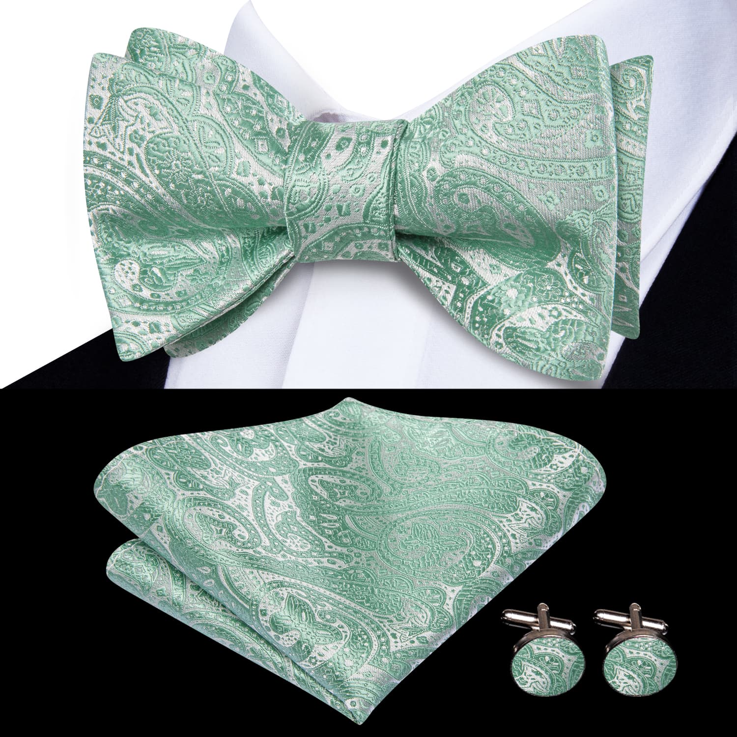 Bow Tie Aqua Green Jacquard Paisley Men Tie Hanky Cufflinks Set