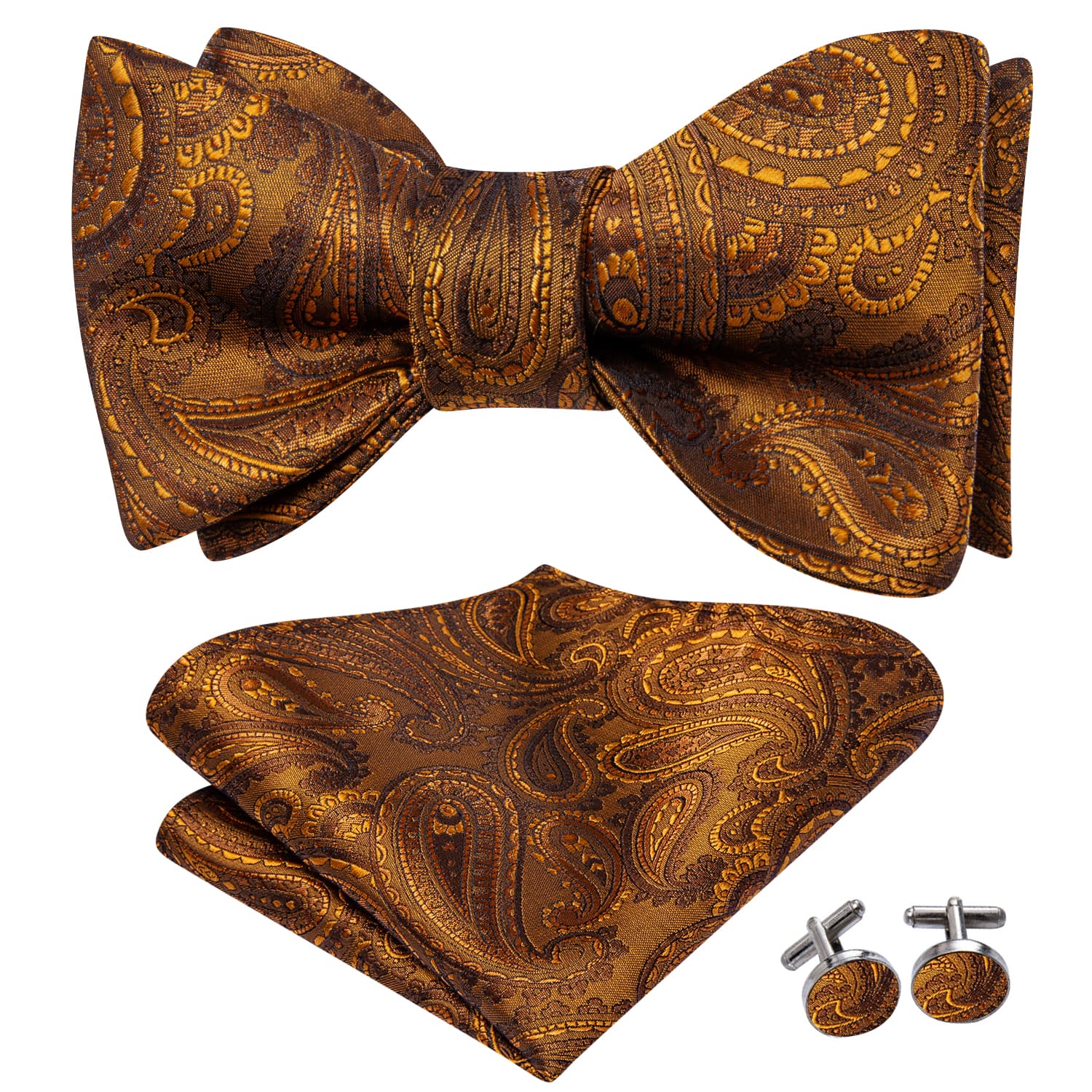 Tawny Brown Paislry Jacquard Mens Formal Bowtie Hanky Cufflinks Set