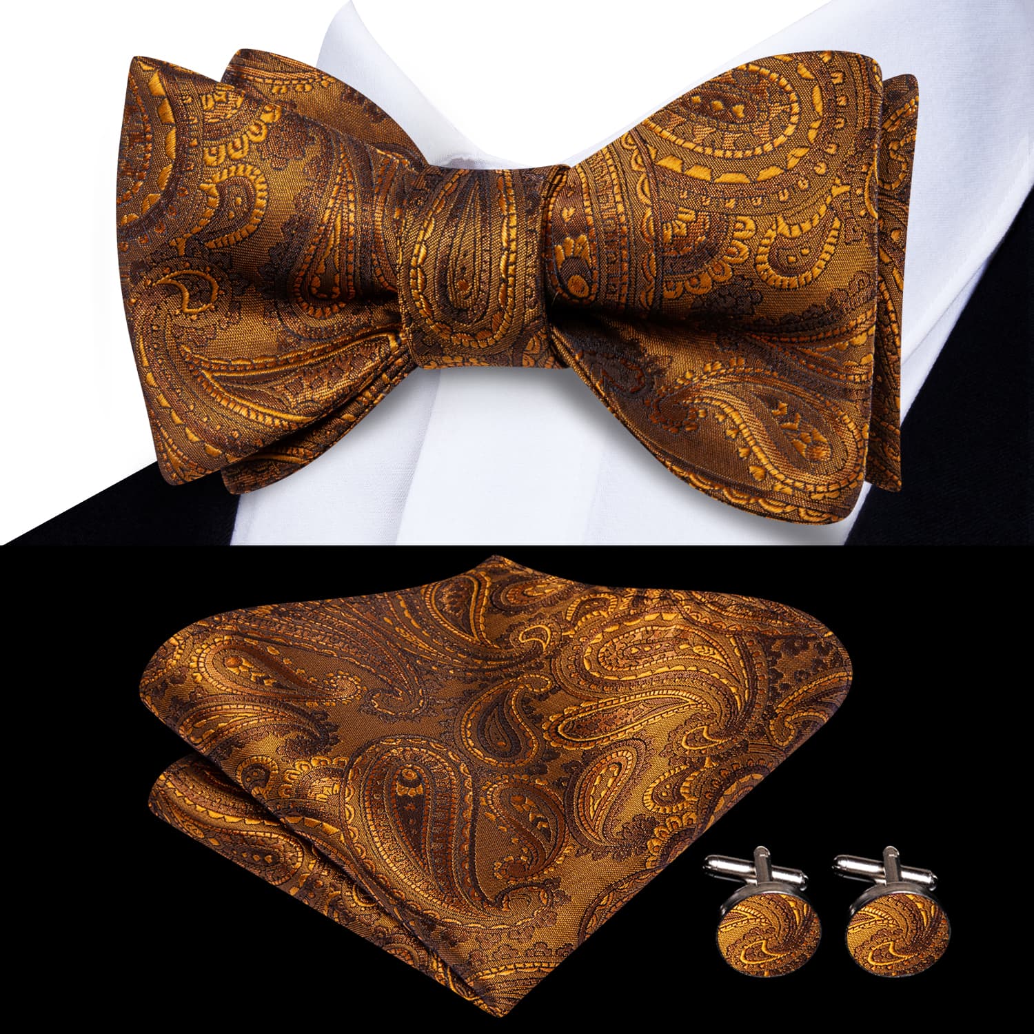 Tawny Brown Paislry Jacquard Mens Formal Bowtie Hanky Cufflinks Set