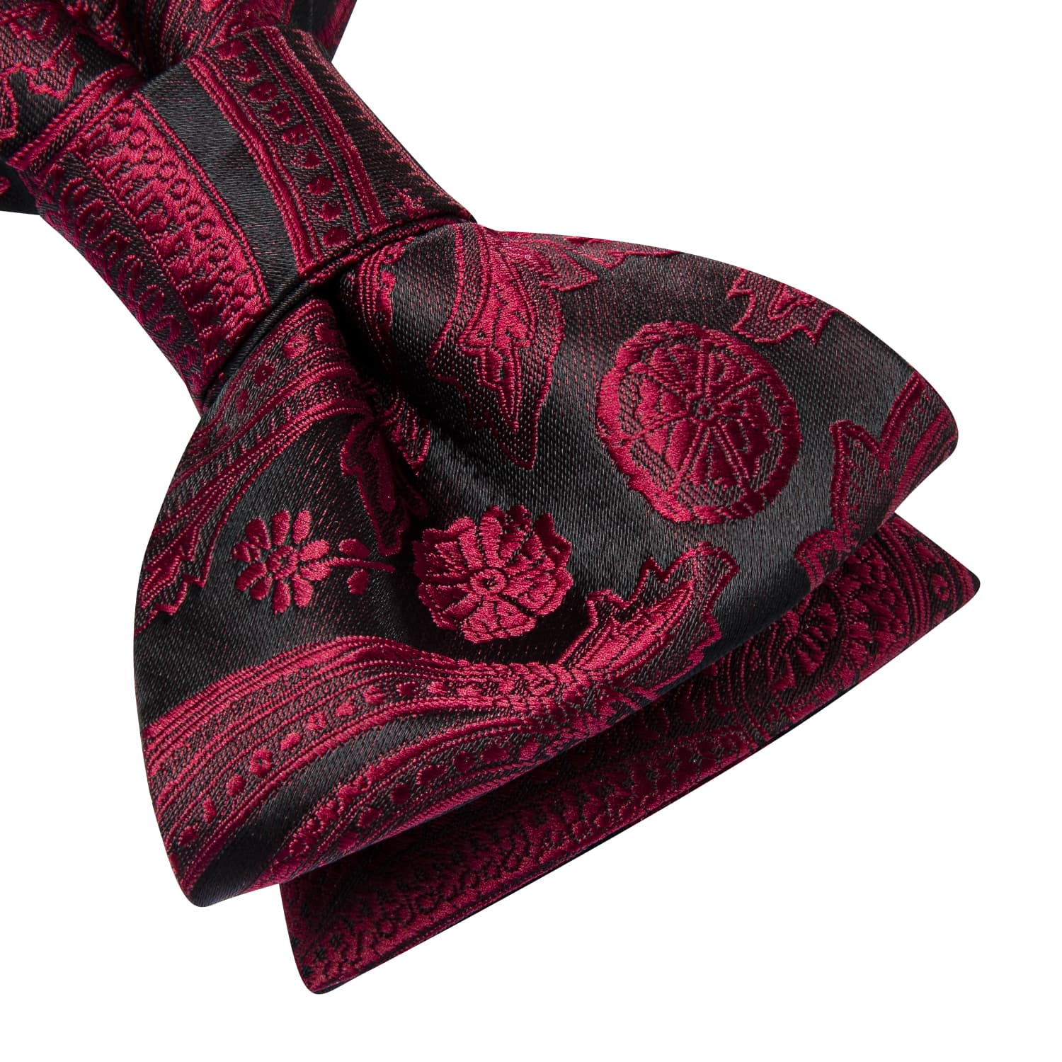 Black Burgundy Paisley Jacquard Mens Bowtie Hanky Cufflinks Set