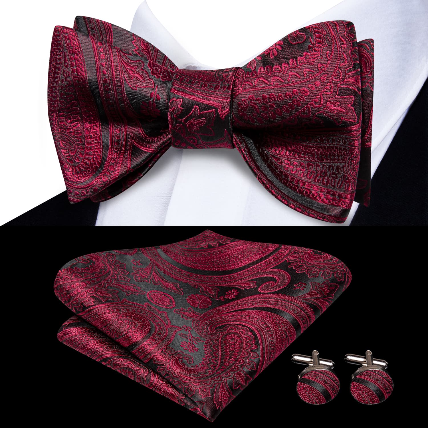 Black Burgundy Paisley Jacquard Mens Bowtie Hanky Cufflinks Set
