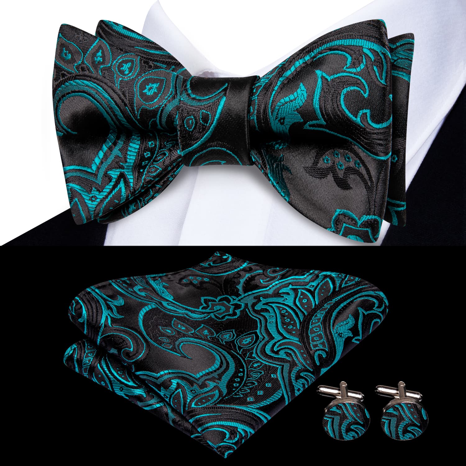 Black Teal Blue Paisley Jacquard Mens Bowtie Hanky Cufflinks Set
