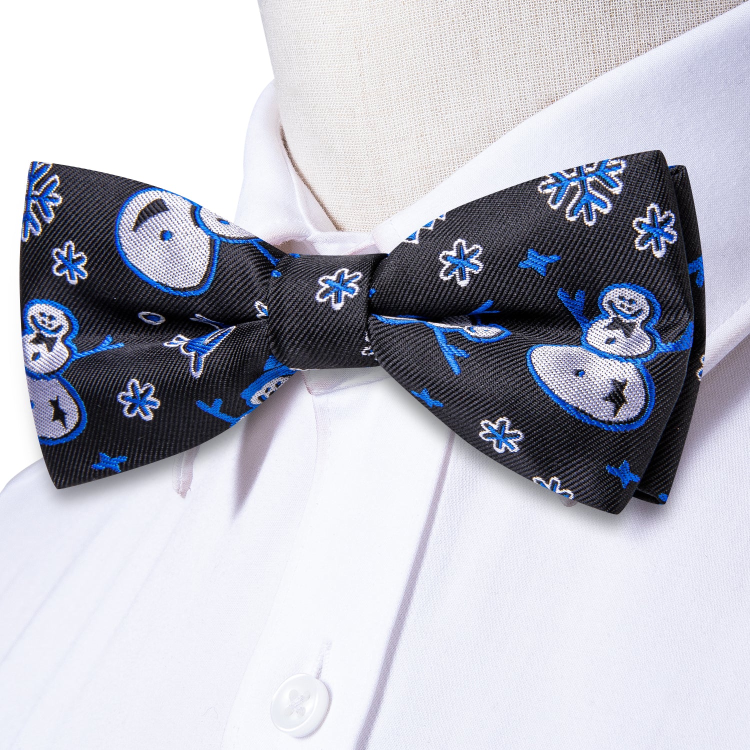 Christmas Black Blue Snowman Pre-tied Bow Tie Hanky Cufflinks Set