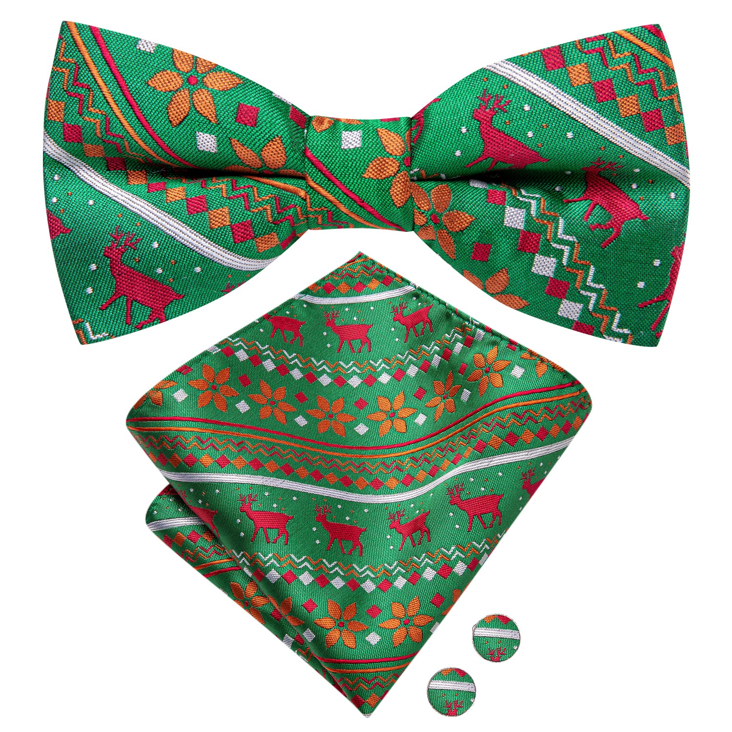 Christmas Green Novelty Pre-tied Bow Tie Hanky Cufflinks Set