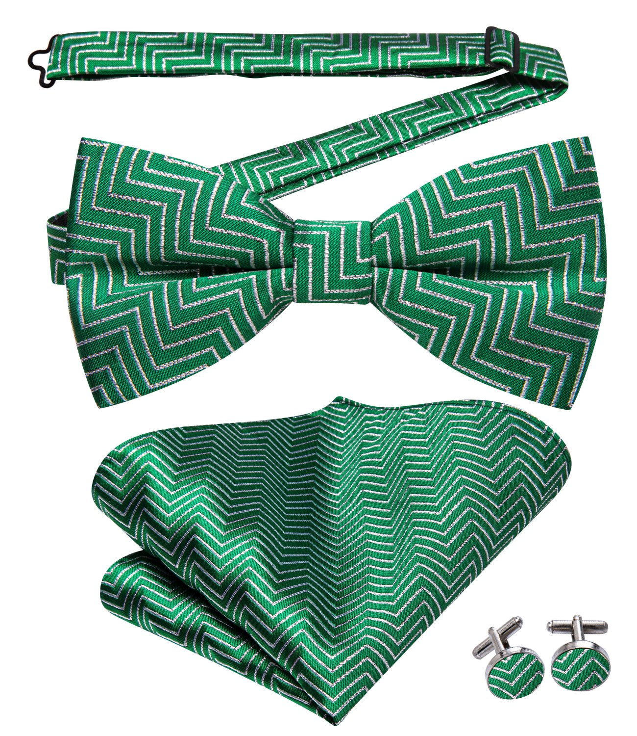 Christmas Green White Novelty Pre-tied Bow Tie Hanky Cufflinks Set