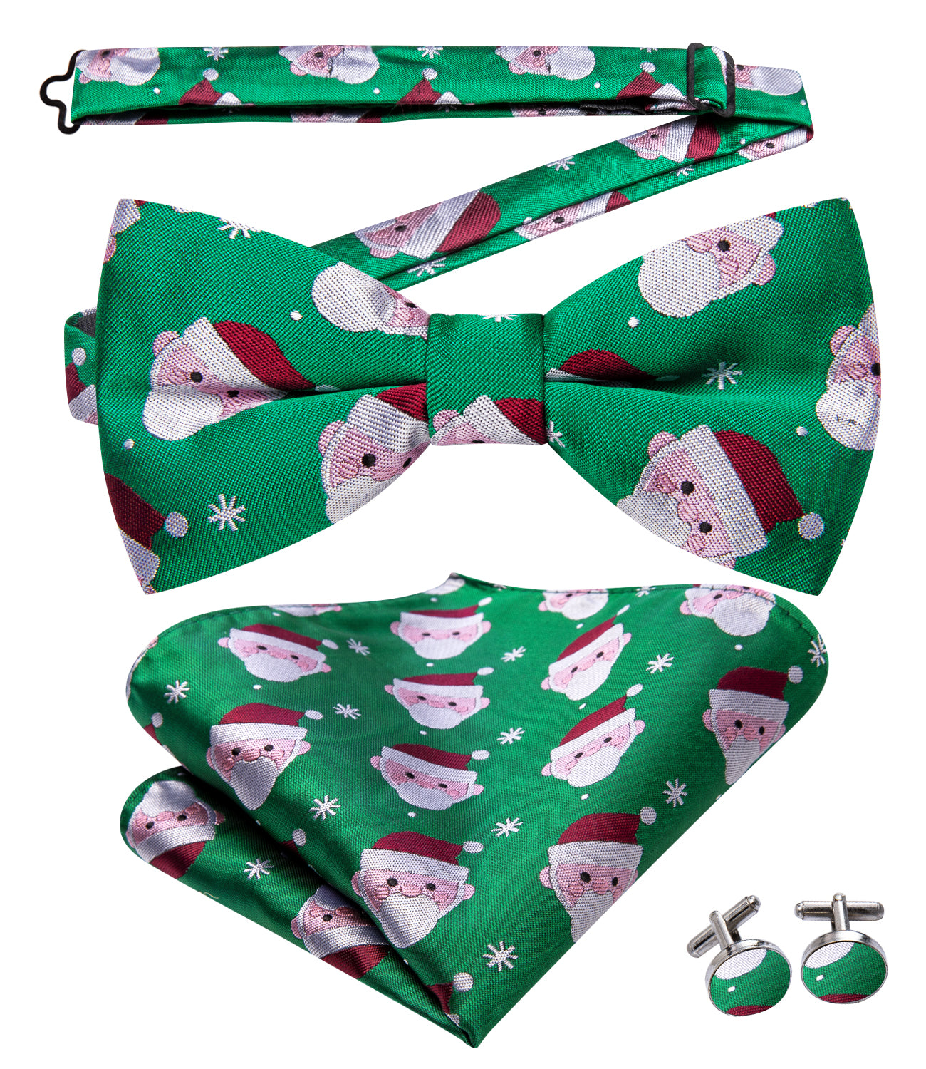Christmas Green Snowman Pre-tied Bow Tie Hanky Cufflinks Set