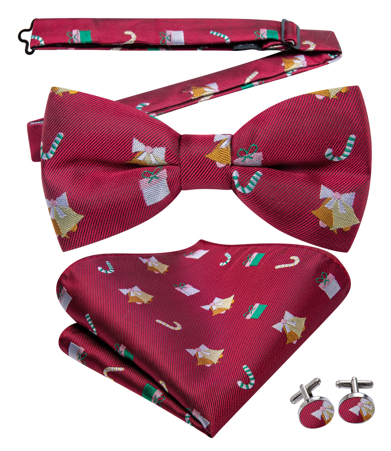 Christmas Deep Red Novelty Pre-tied Bow Tie Hanky Cufflinks Set