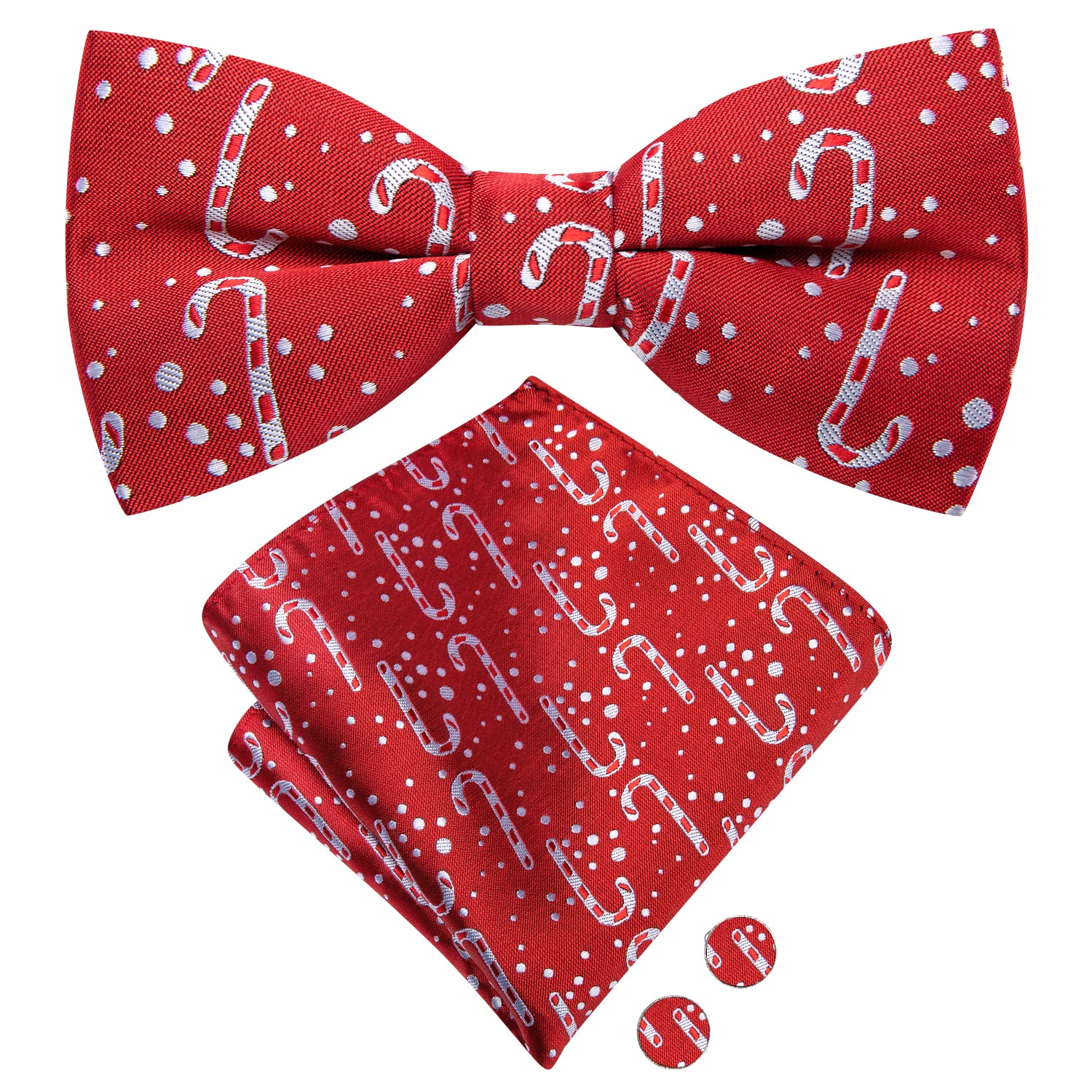 Christmas Red Candy Cane Novelty Pre-tied Bow Tie Hanky Cufflinks Set