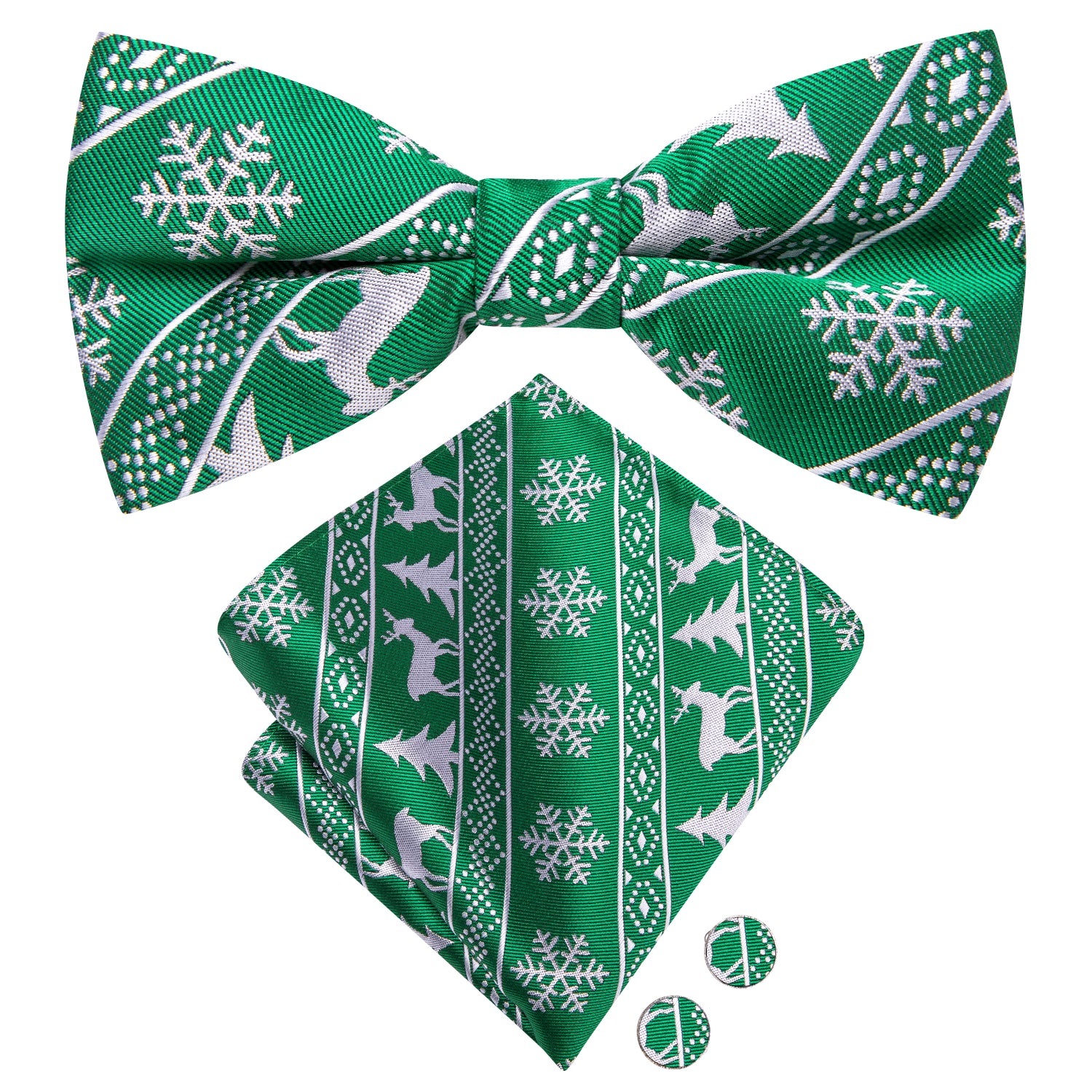 Green Christmas Deer Pre-tied Bow Tie Hanky Cufflinks Set