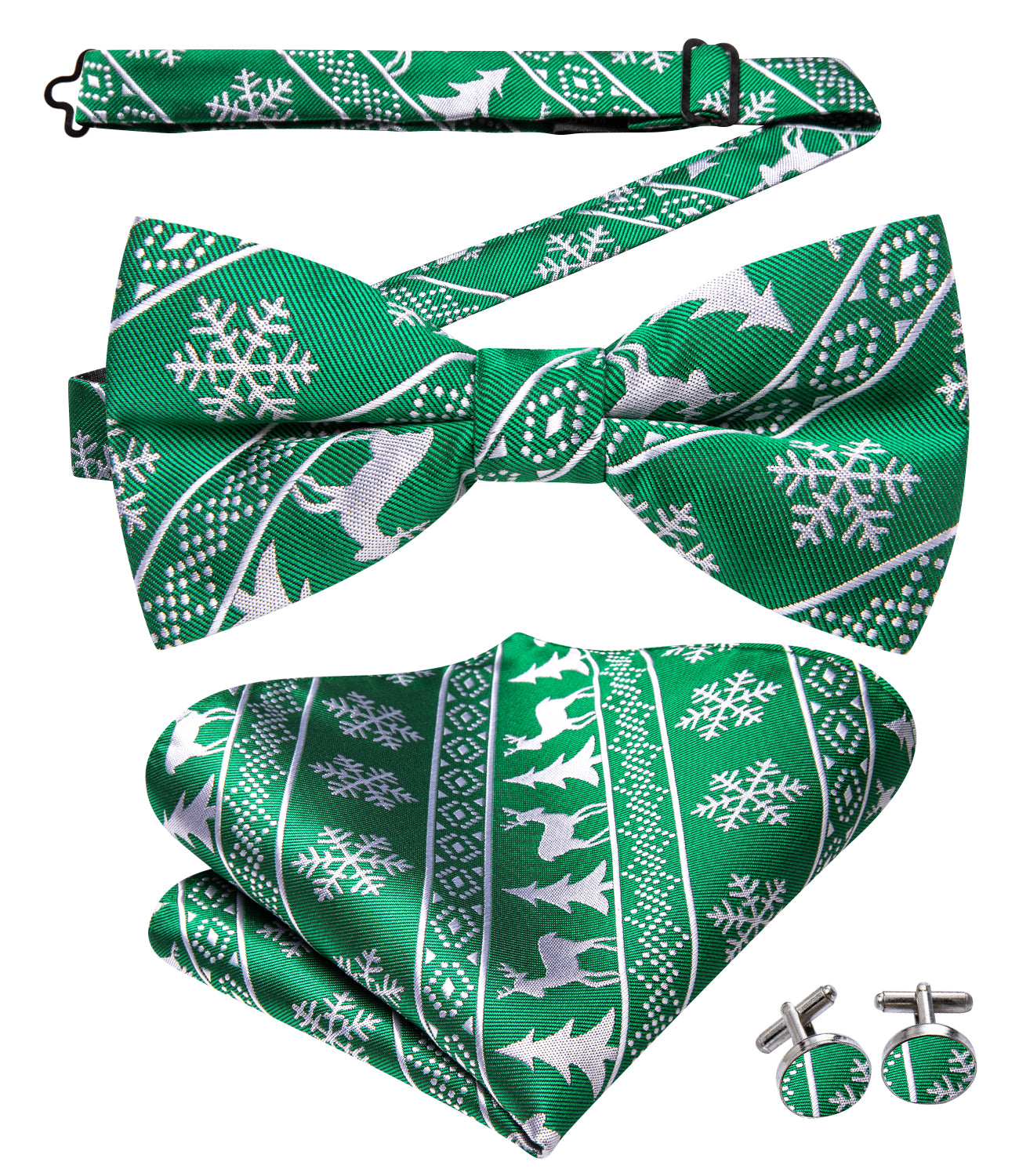 Green Christmas Deer Pre-tied Bow Tie Hanky Cufflinks Set