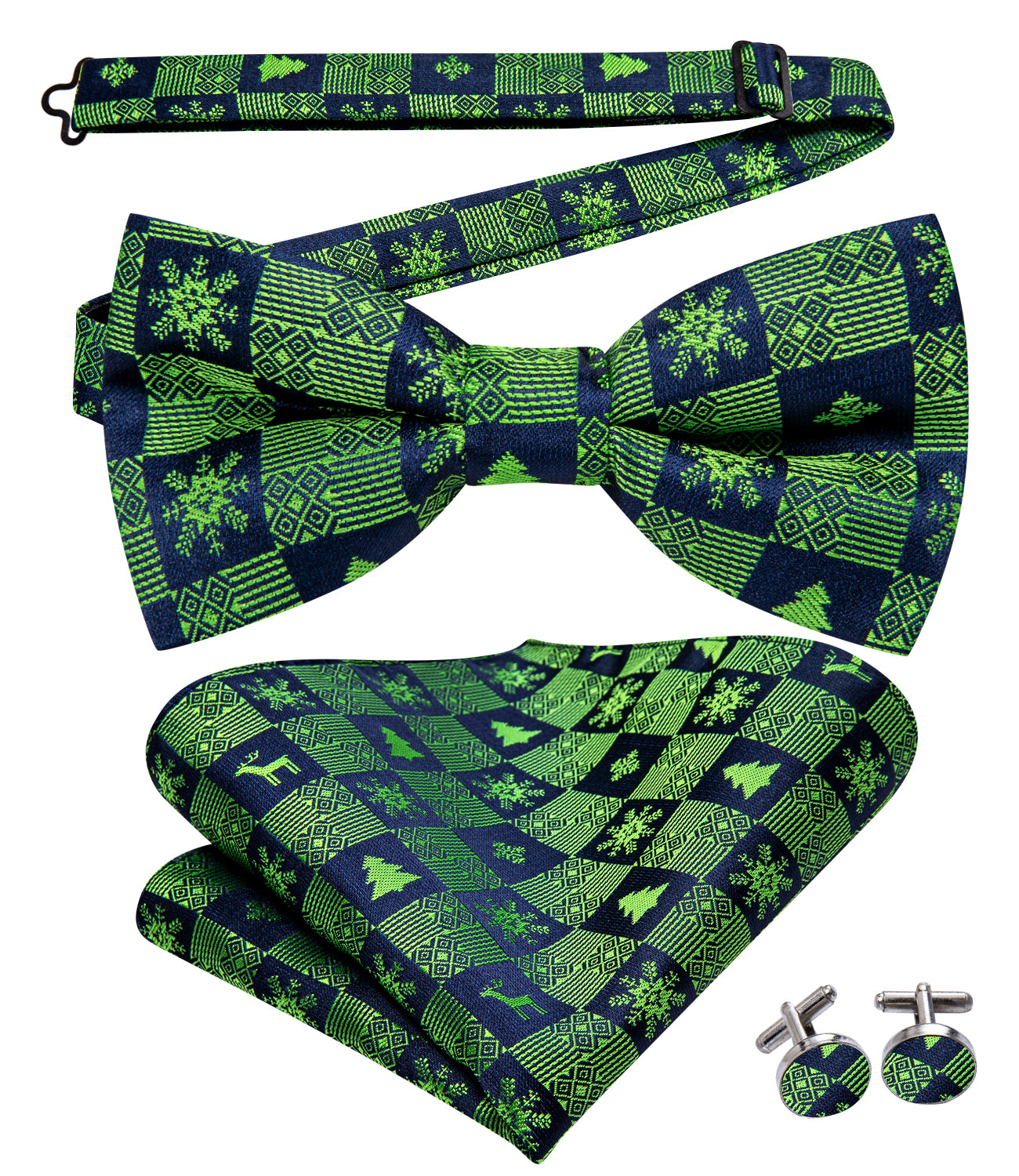 Christmas Blue Green Snowflakes Pre-tied Bow Tie Hanky Cufflinks Set