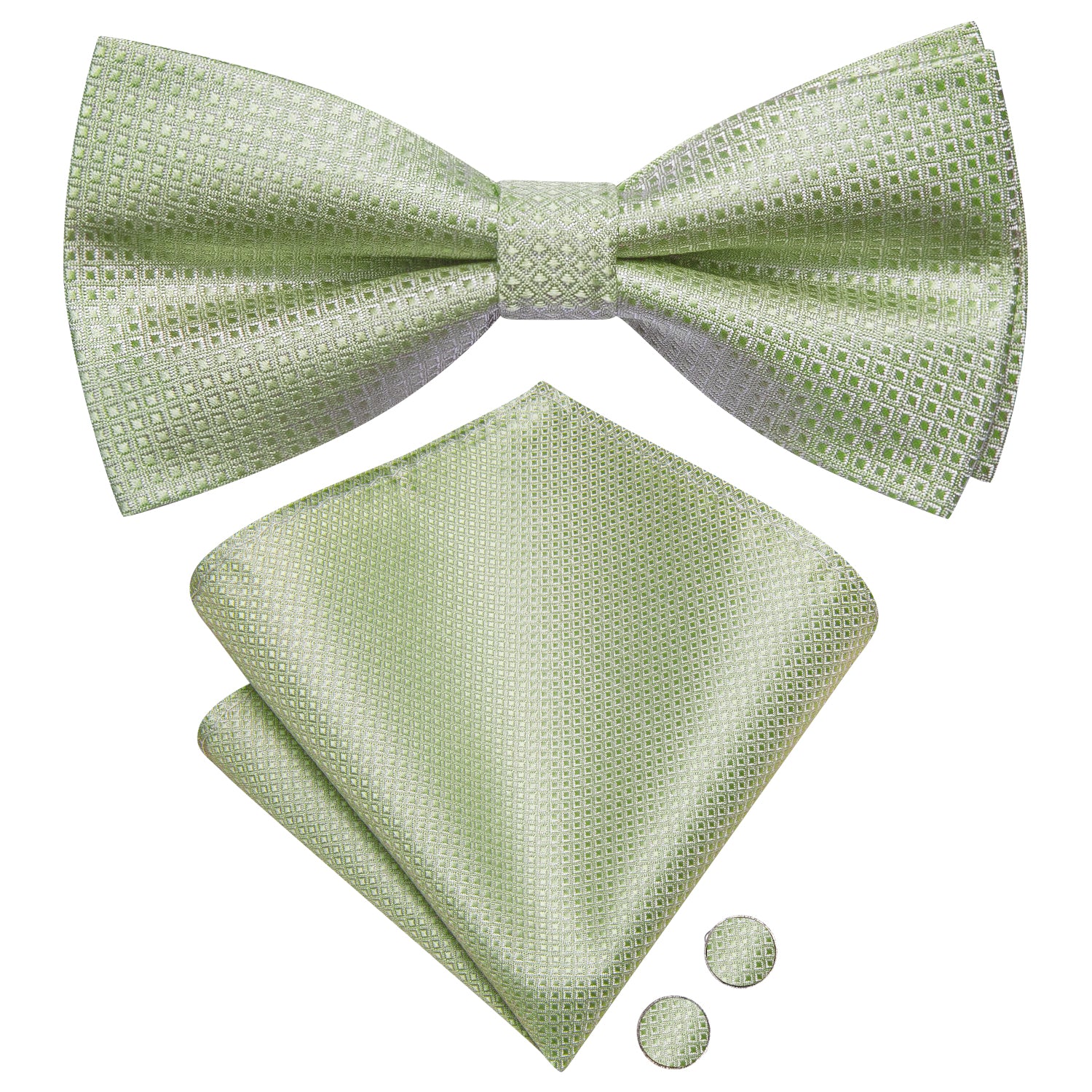 Hi-Tie Green Novelty Pre-tied Bow Tie Hanky Cufflinks Set