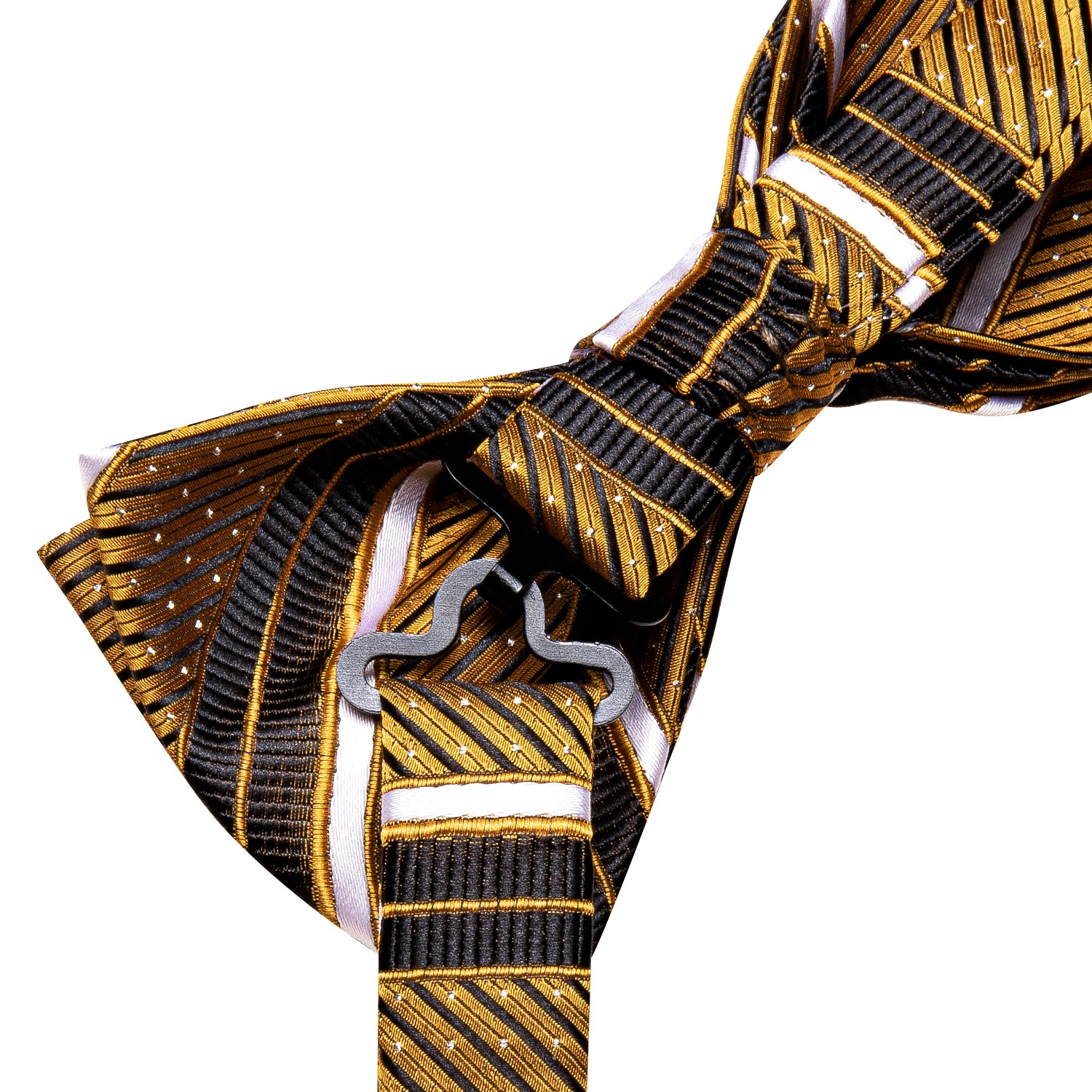 Hi-Tie Golden Black Striped Pre-tied Bow Tie Hanky Cufflinks Set