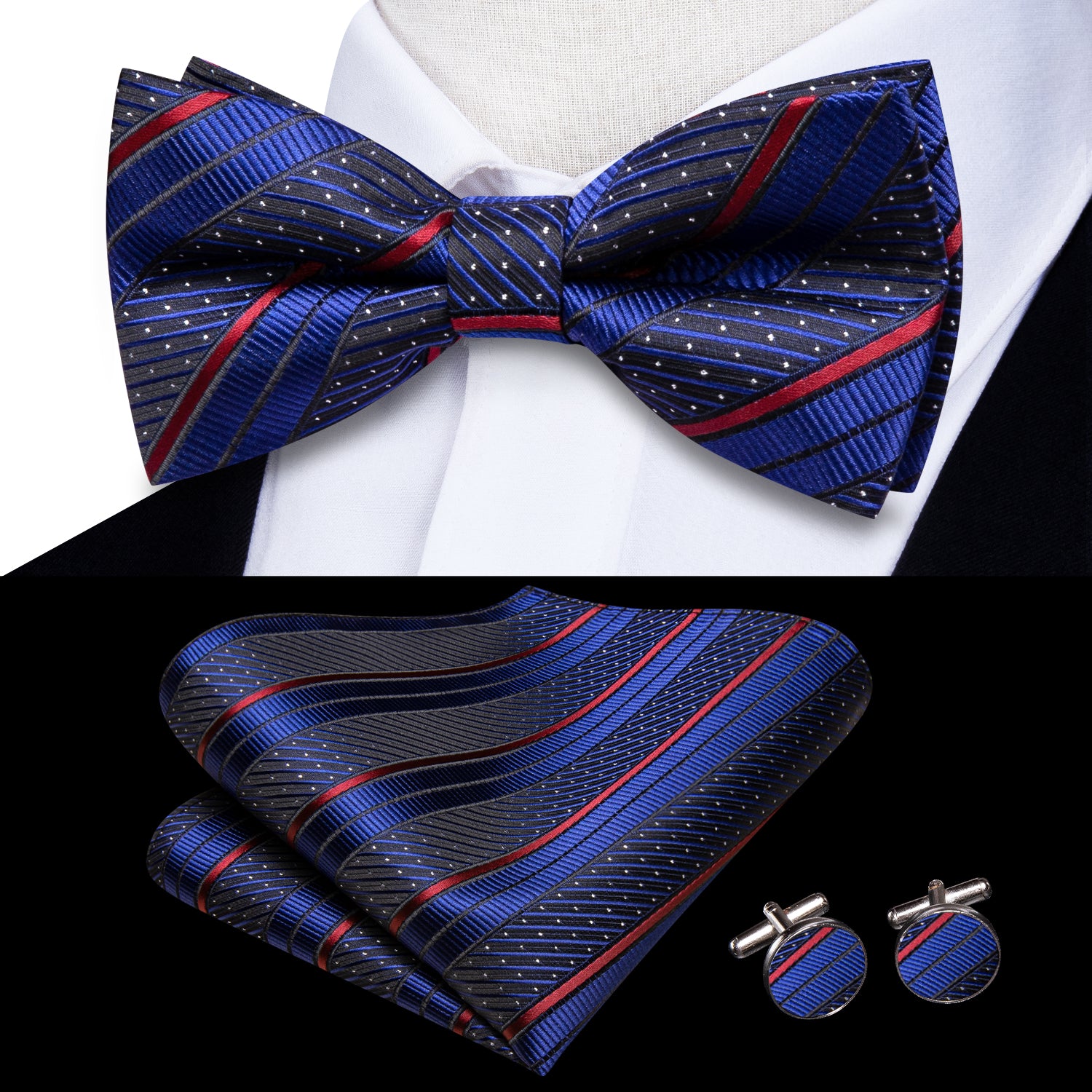 Hi-Tie Blue Red Striped Pre-tied Bow Tie Hanky Cufflinks Set