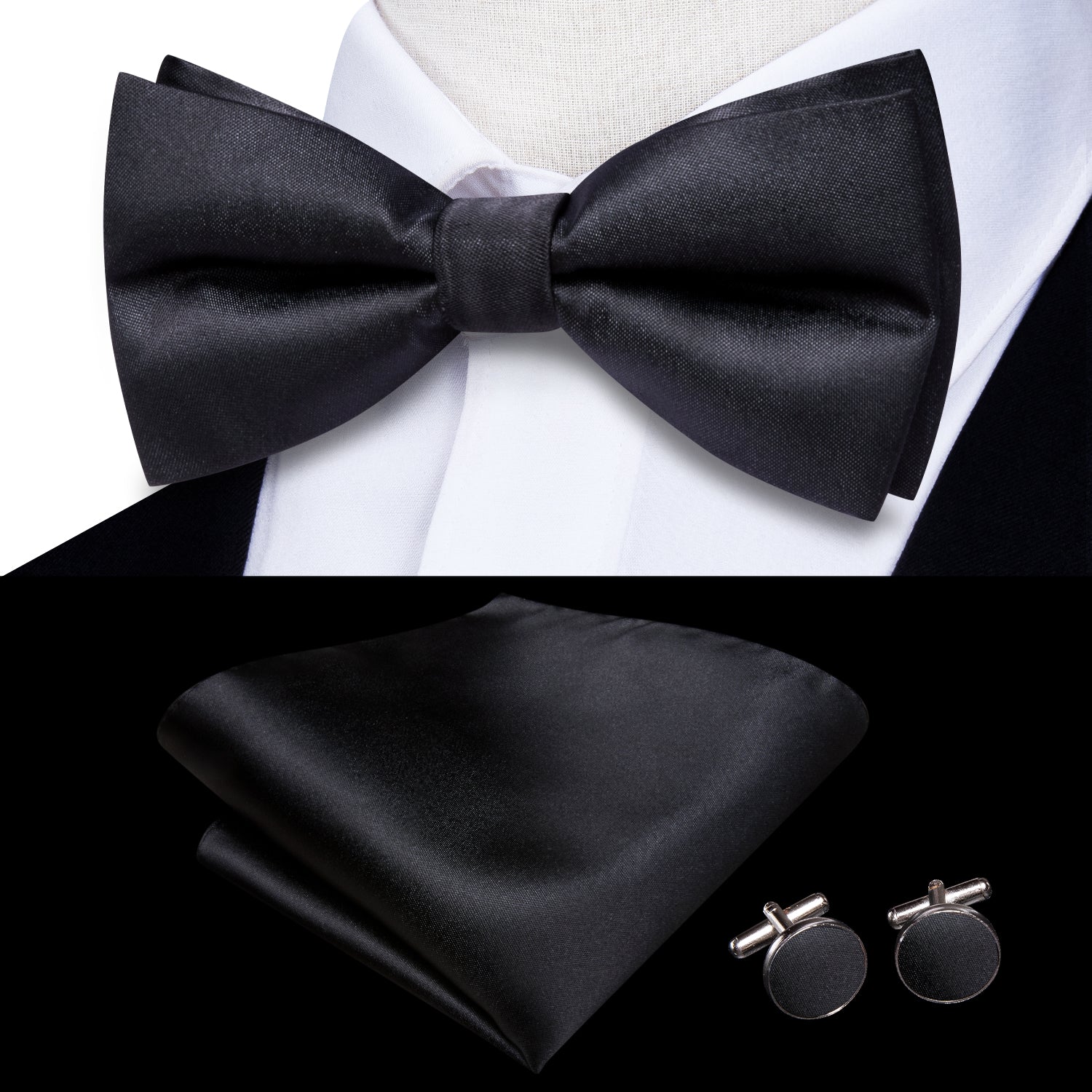 Black Solid Pre-tied Bow Tie Hanky Cufflinks Set