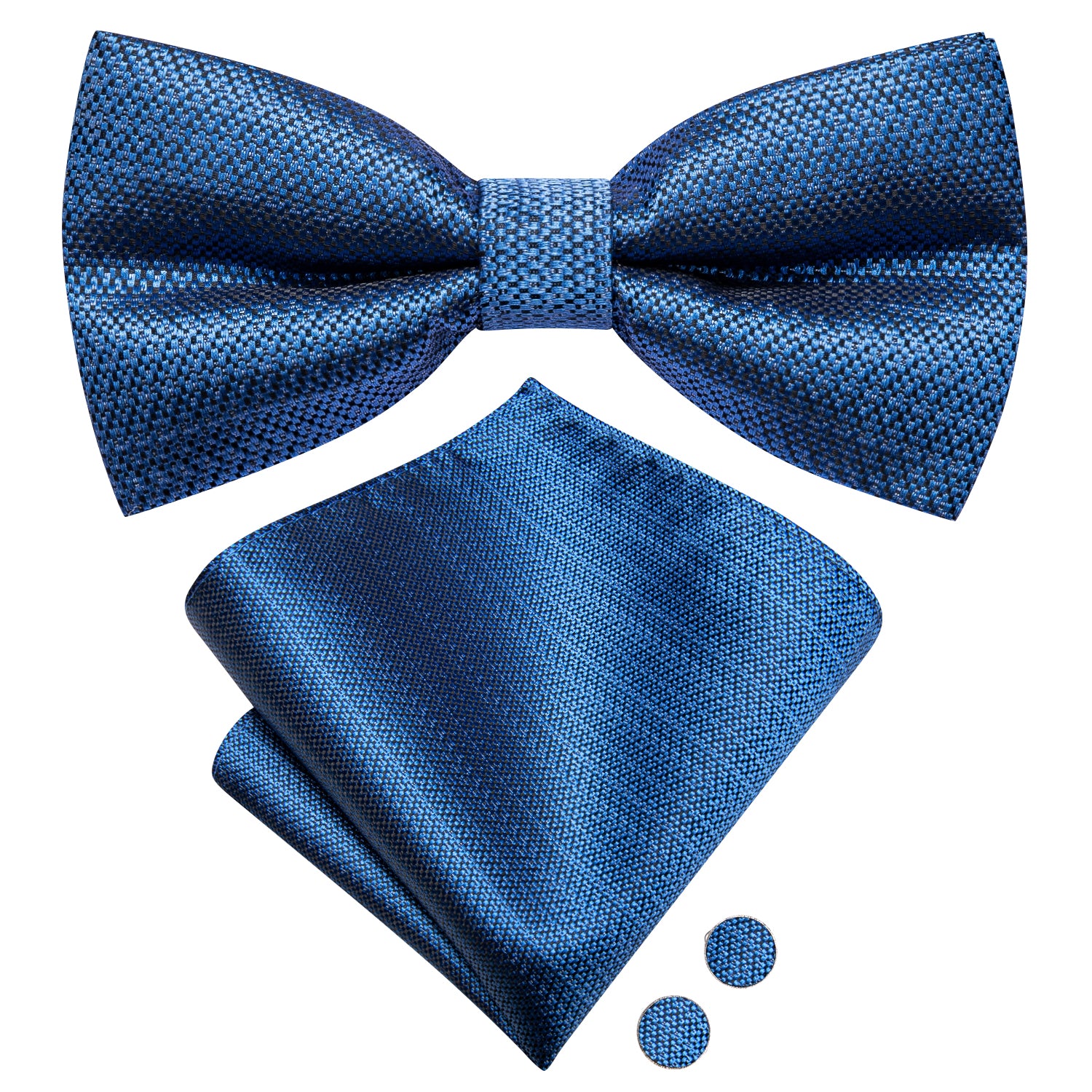 Hi-Tie Blue Weave Pre-tied Bow Tie Hanky Cufflinks Set