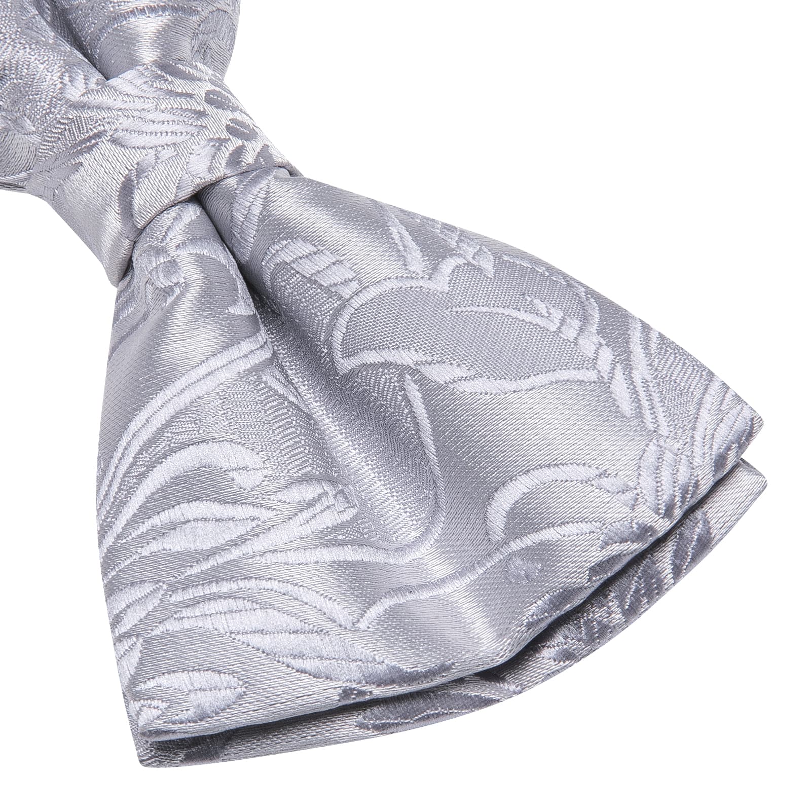 Light Grey White Floral Tie Pre-Tied Bowtie Hanky Cufflinks Set