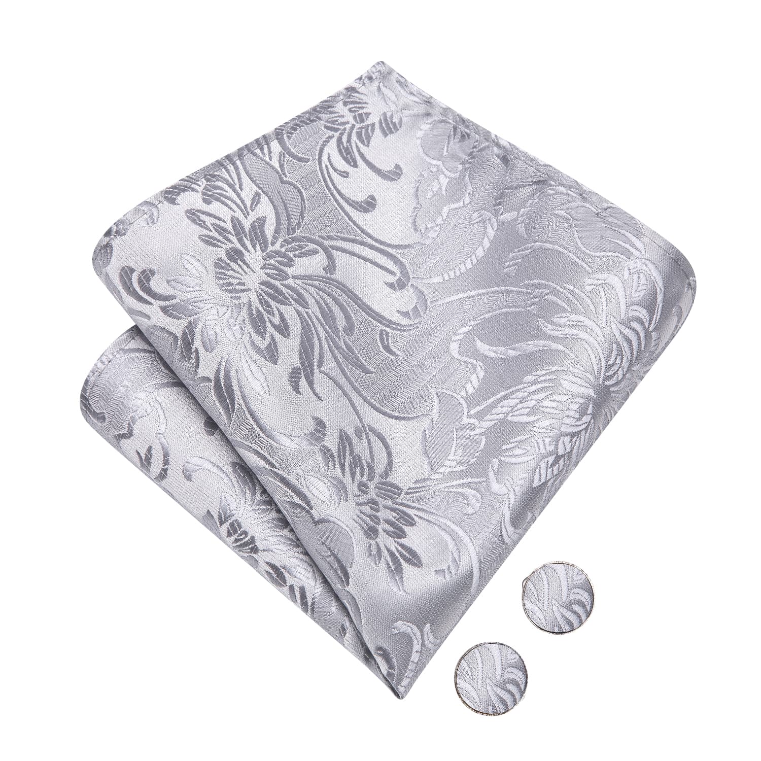 Light Grey White Floral Tie Pre-Tied Bowtie Hanky Cufflinks Set