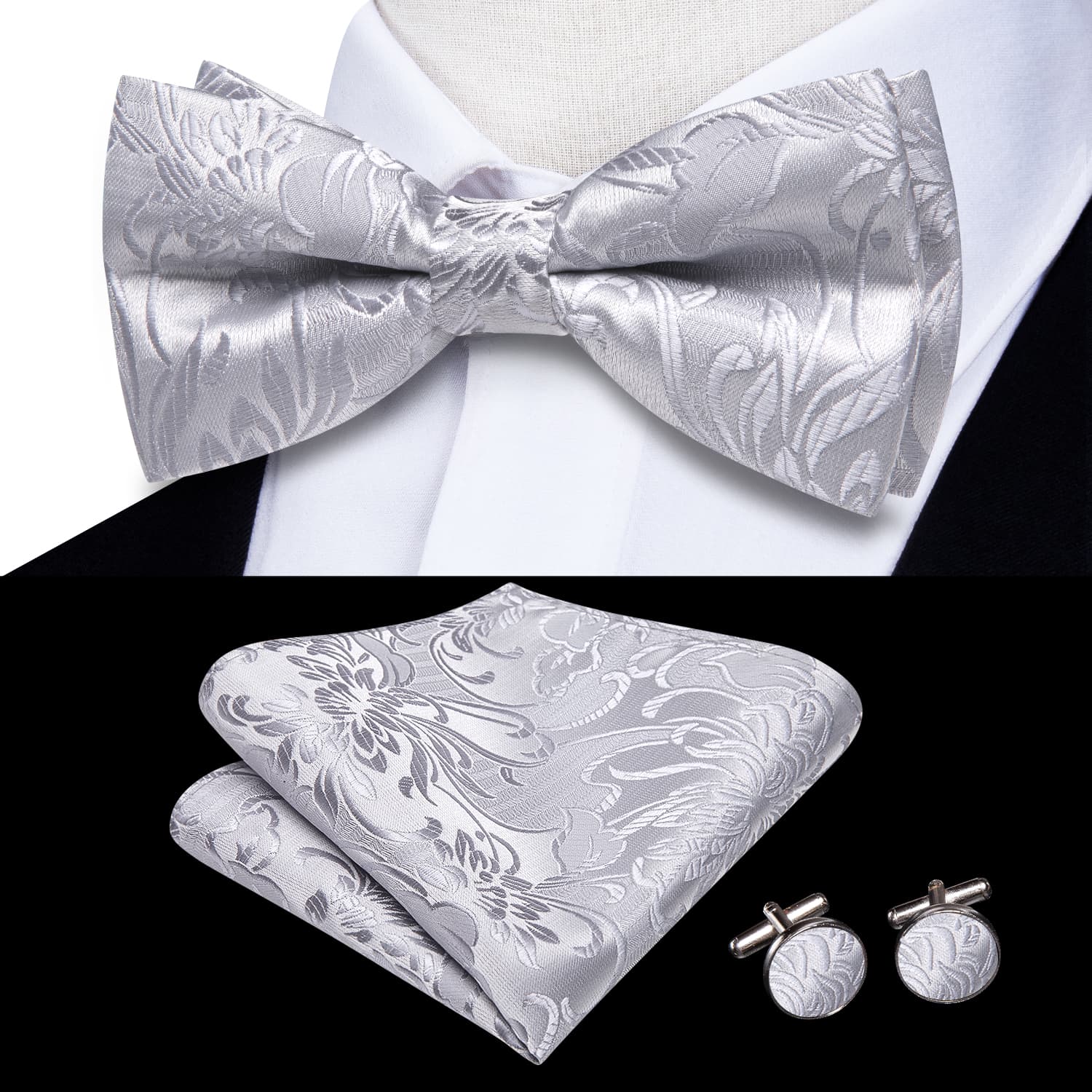 Light Grey White Floral Tie Pre-Tied Bowtie Hanky Cufflinks Set