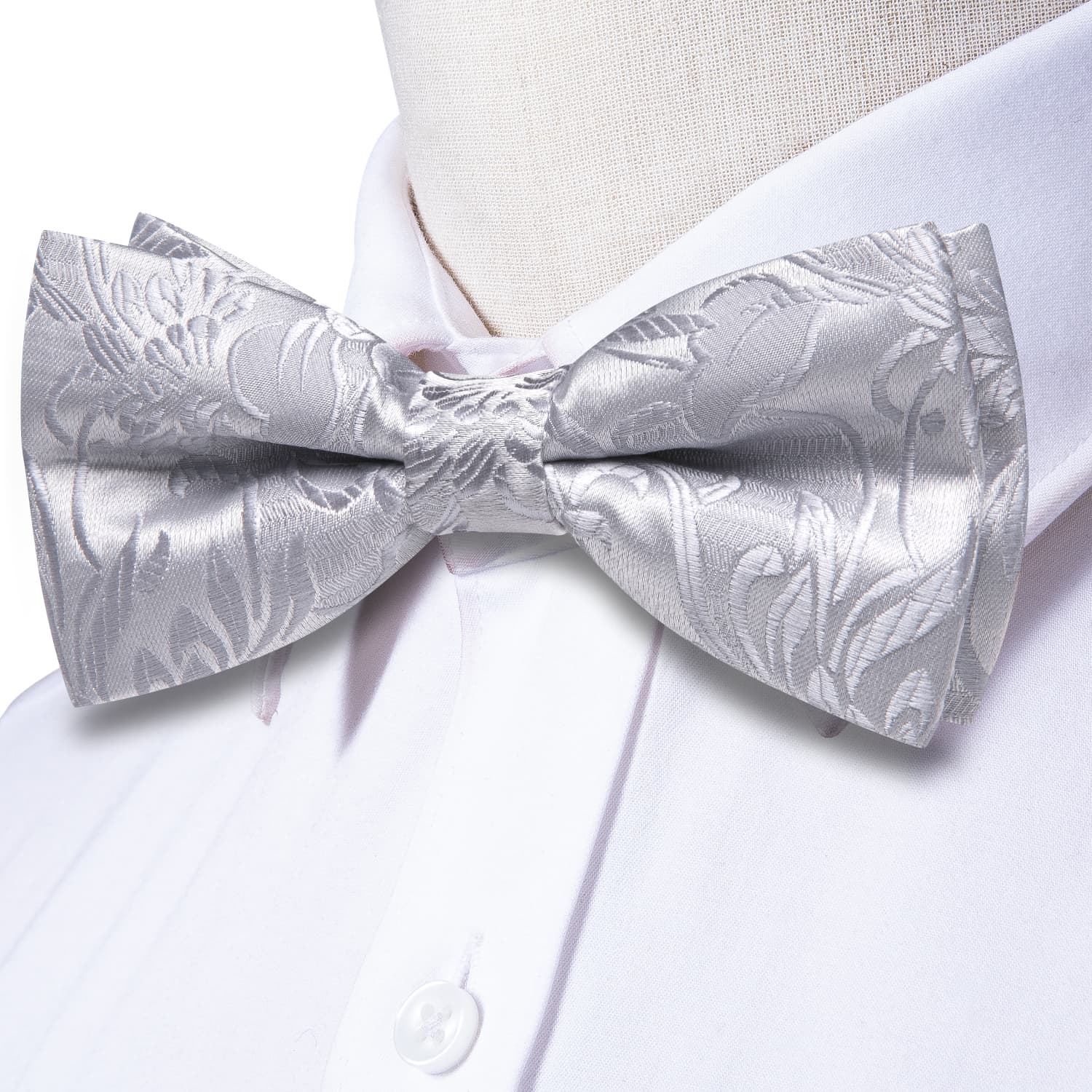 Light Grey White Floral Tie Pre-Tied Bowtie Hanky Cufflinks Set