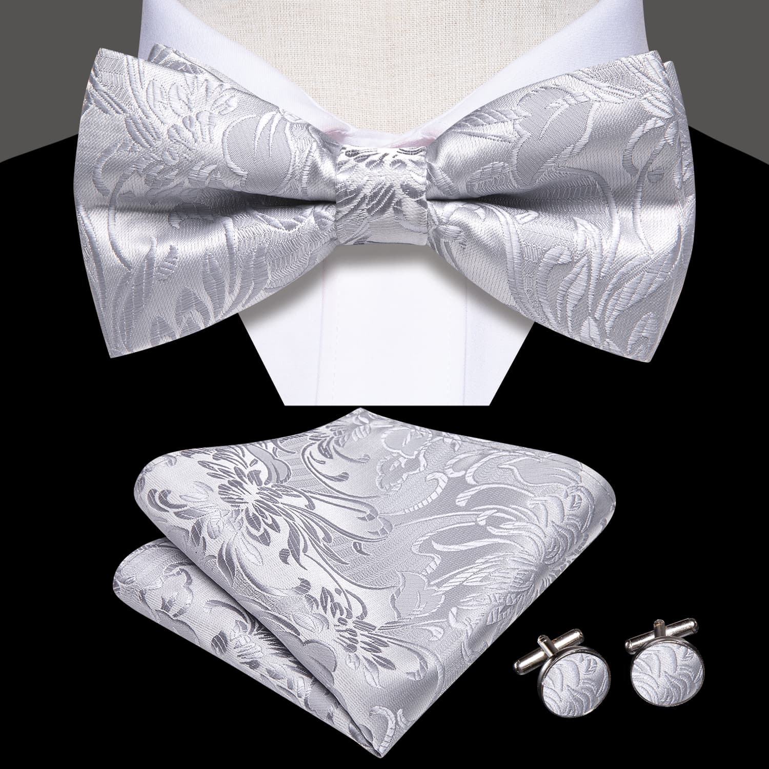 Light Grey White Floral Tie Pre-Tied Bowtie Hanky Cufflinks Set