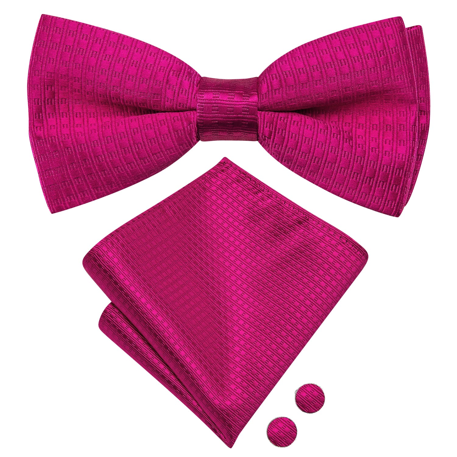 Wivid Cerise Color Pre-Tied Bowtie Hanky Cufflinks Set for Men