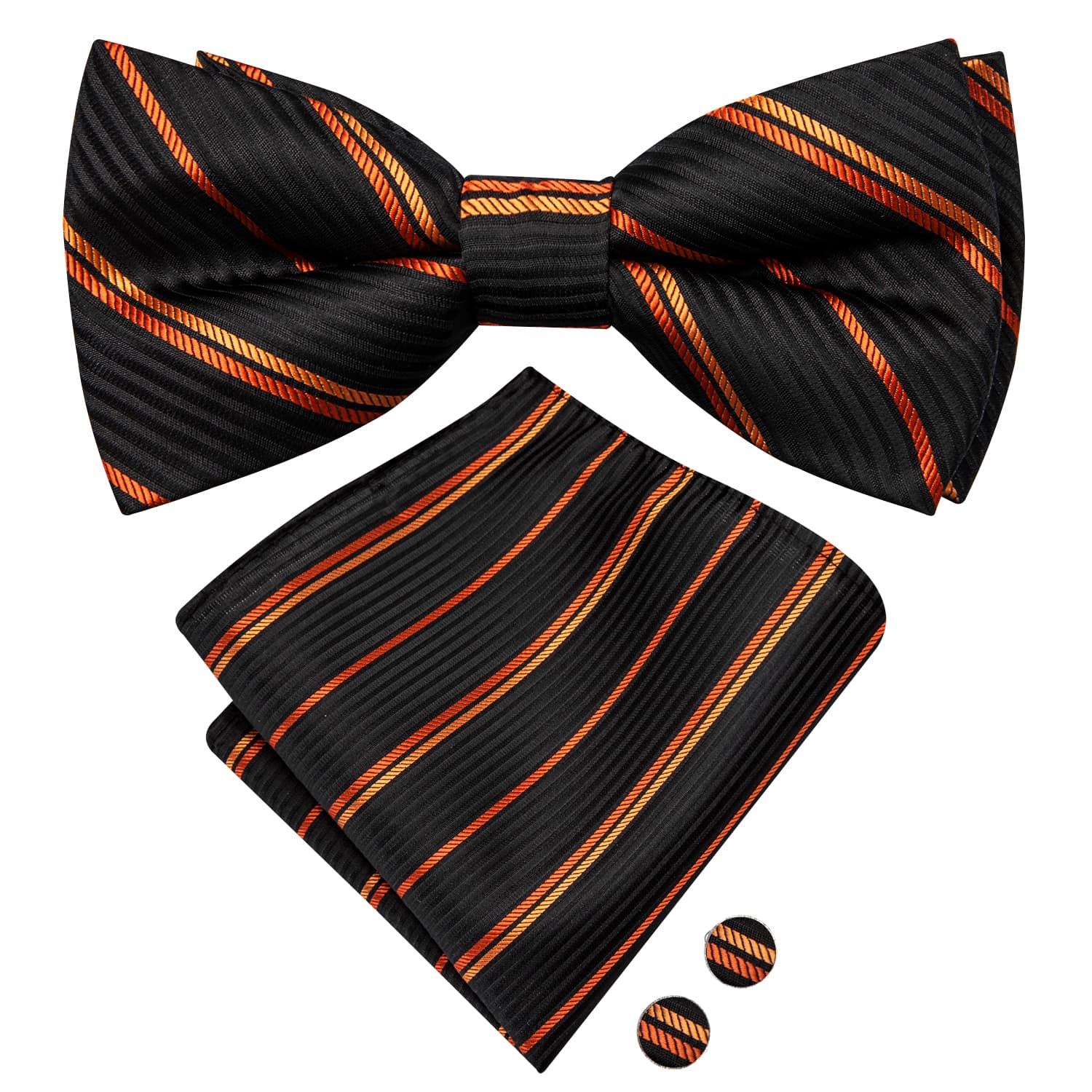 Black Pre-Tied Bow Tie Orange Stripes Tie Hanky Cufflinks Set