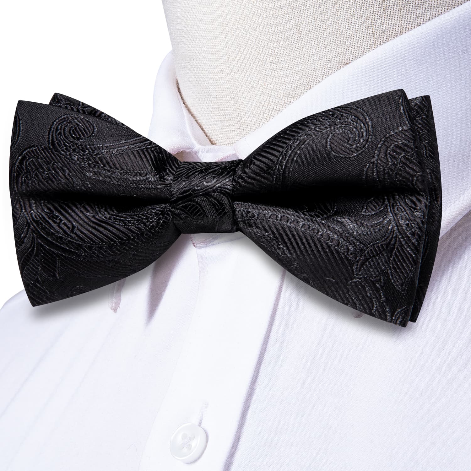 Black Wedding Bowtie for Men Paisley Tie Hanky Cufflinks Set