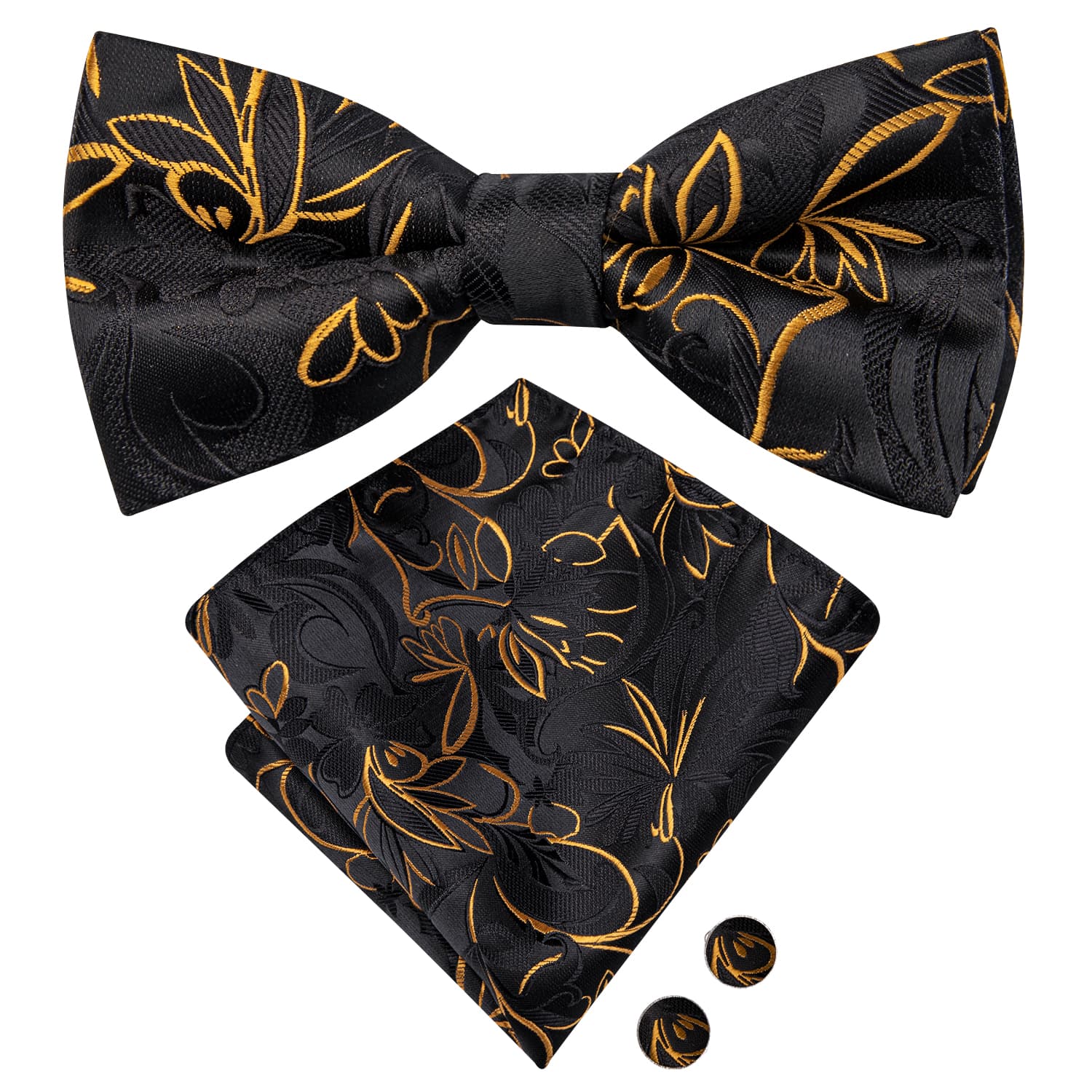Black Gold Floral Bowtie Men's Silk Necktie Hanky Cufflinks Set