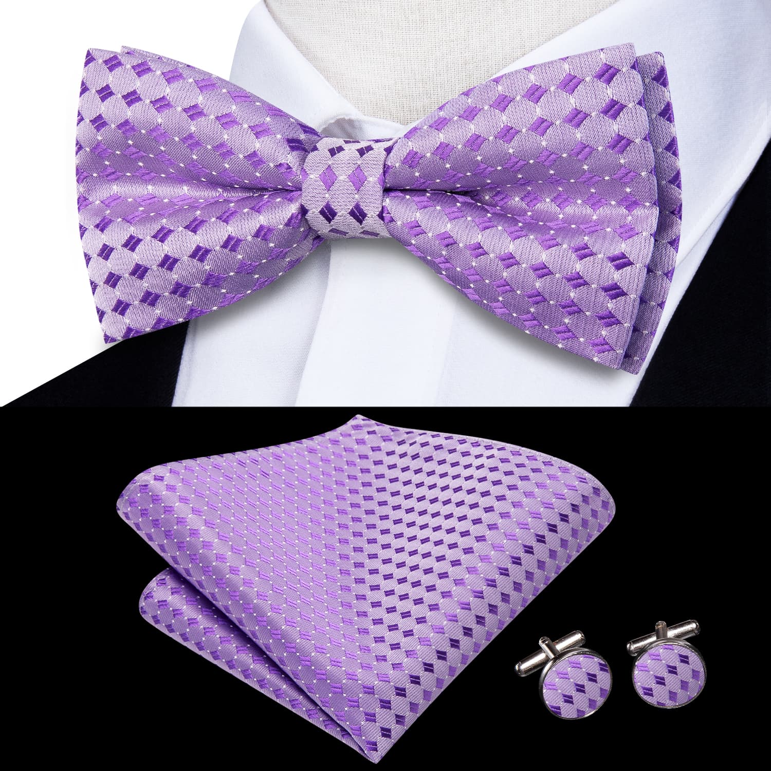 Lavender Purple Bow Tie Men's Geometric Tie Hanky Cufflinks Set