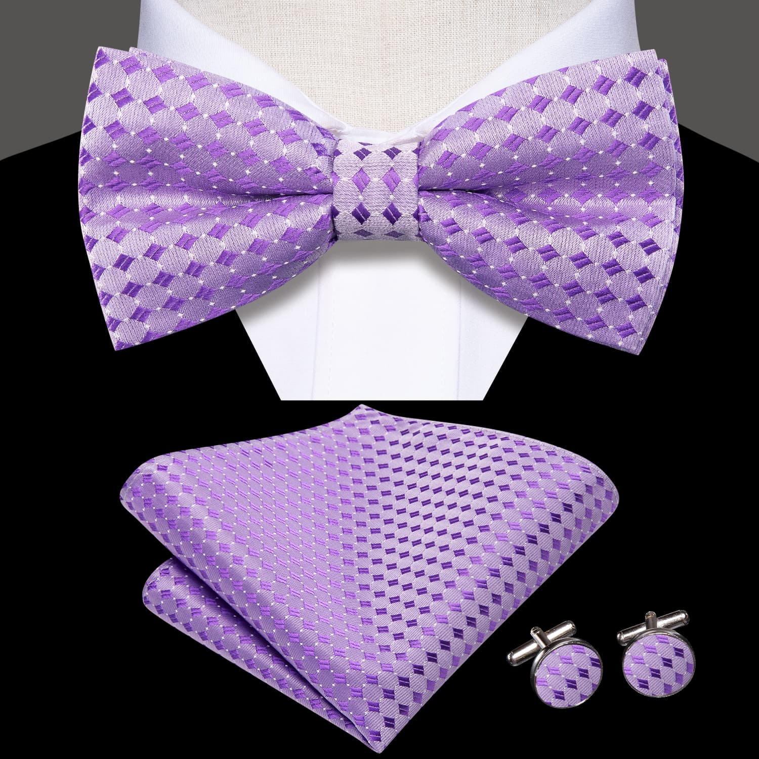 Lavender Purple Bow Tie Men's Geometric Tie Hanky Cufflinks Set