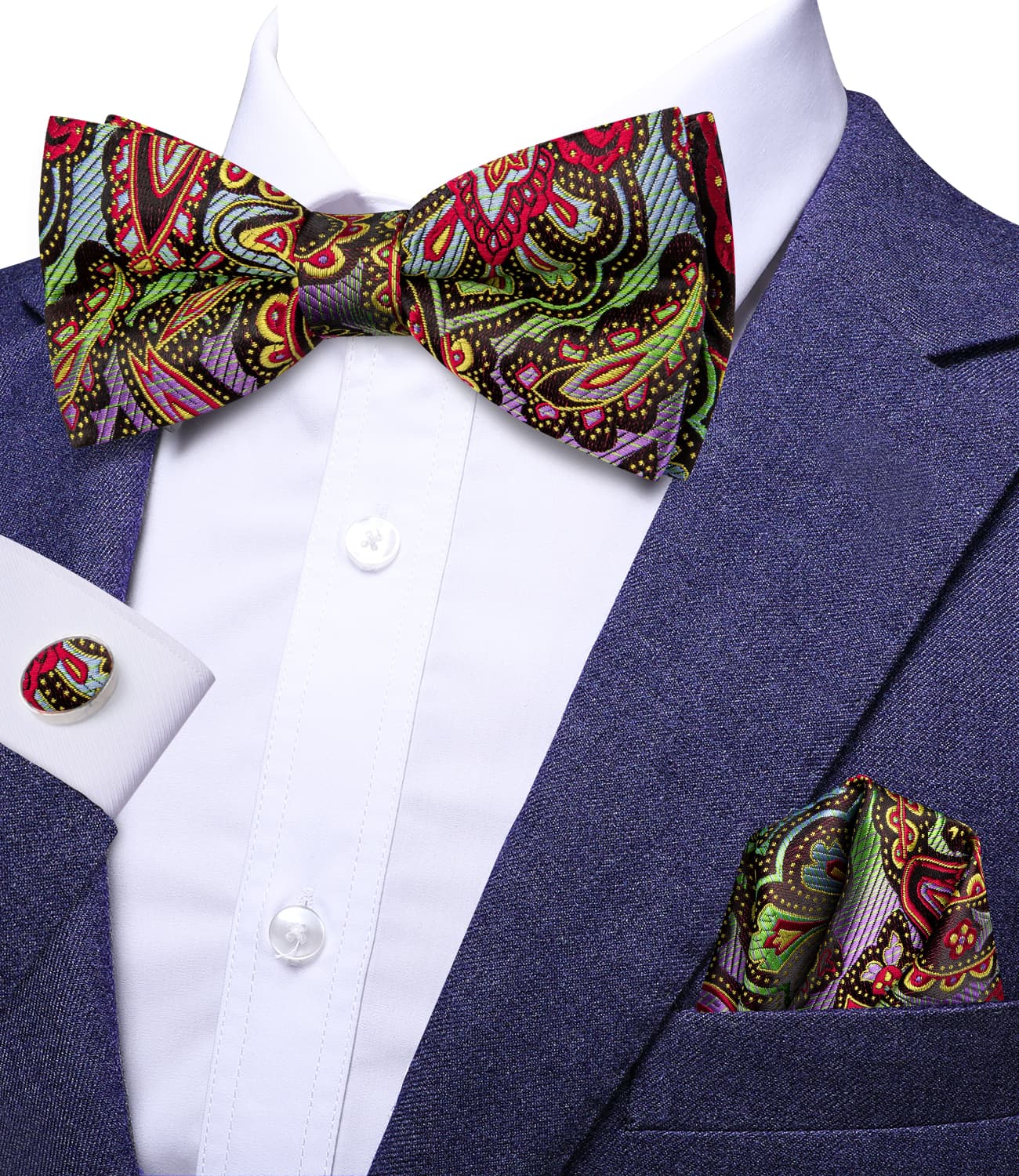 Rainbow Colorful Paisley Men's Silk Bow Tie Hanky Cufflinks Set