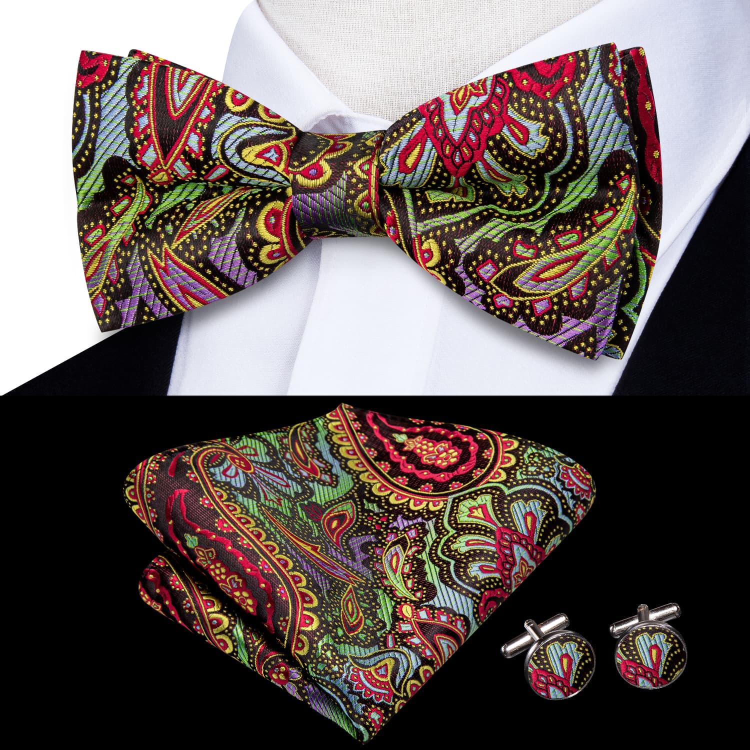 Rainbow Colorful Paisley Men's Silk Bow Tie Hanky Cufflinks Set